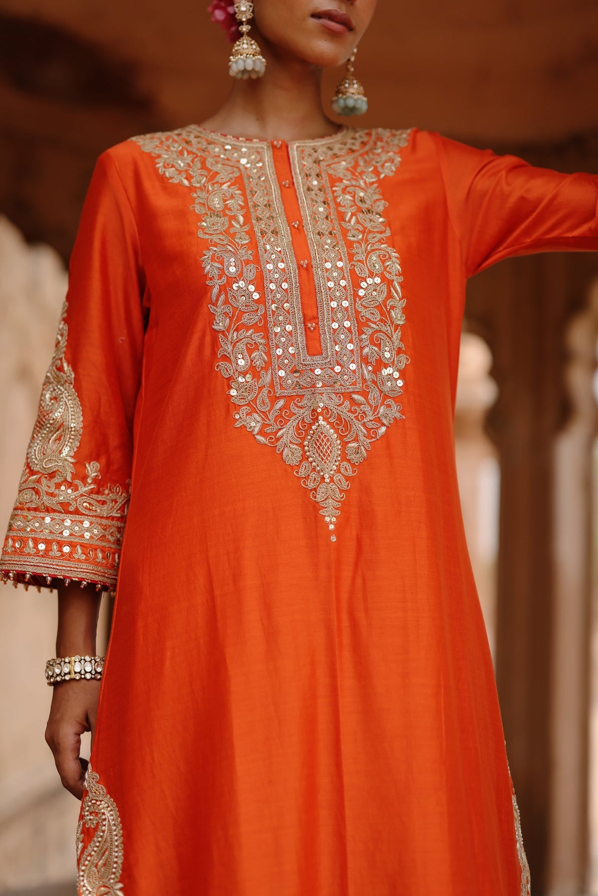 Aamna Sharif in Umaira - Burnt Orange Long Kurta Set with Salwar & Dupatta