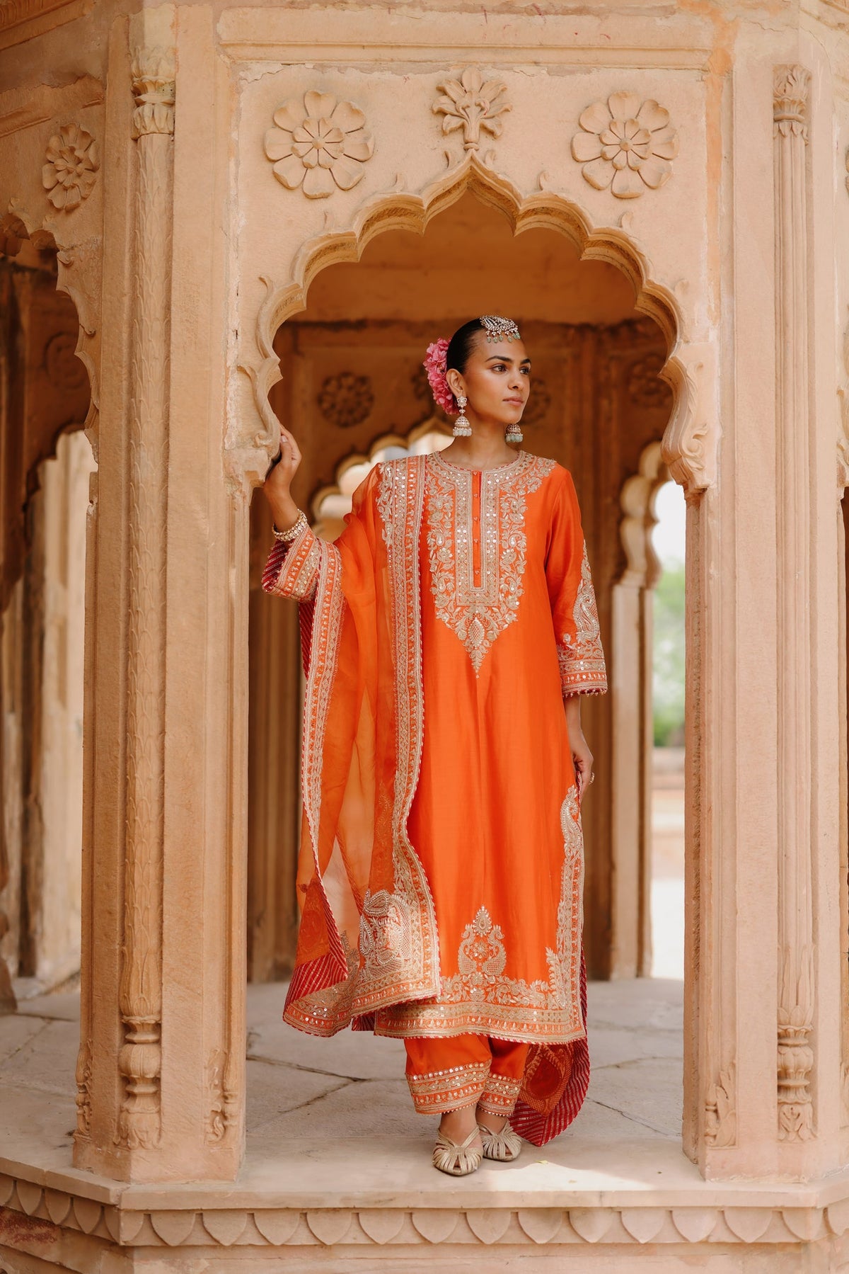 Aamna Sharif in Umaira - Burnt Orange Long Kurta Set with Salwar & Dupatta