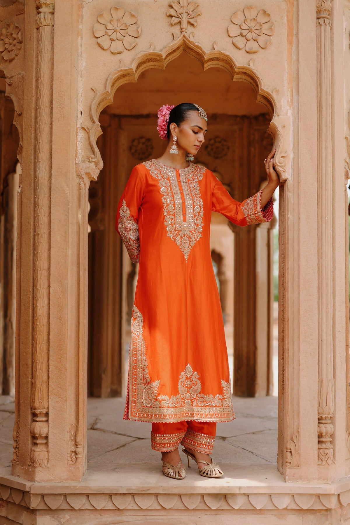 Aamna Sharif in Umaira - Burnt Orange Long Kurta Set with Salwar & Dupatta