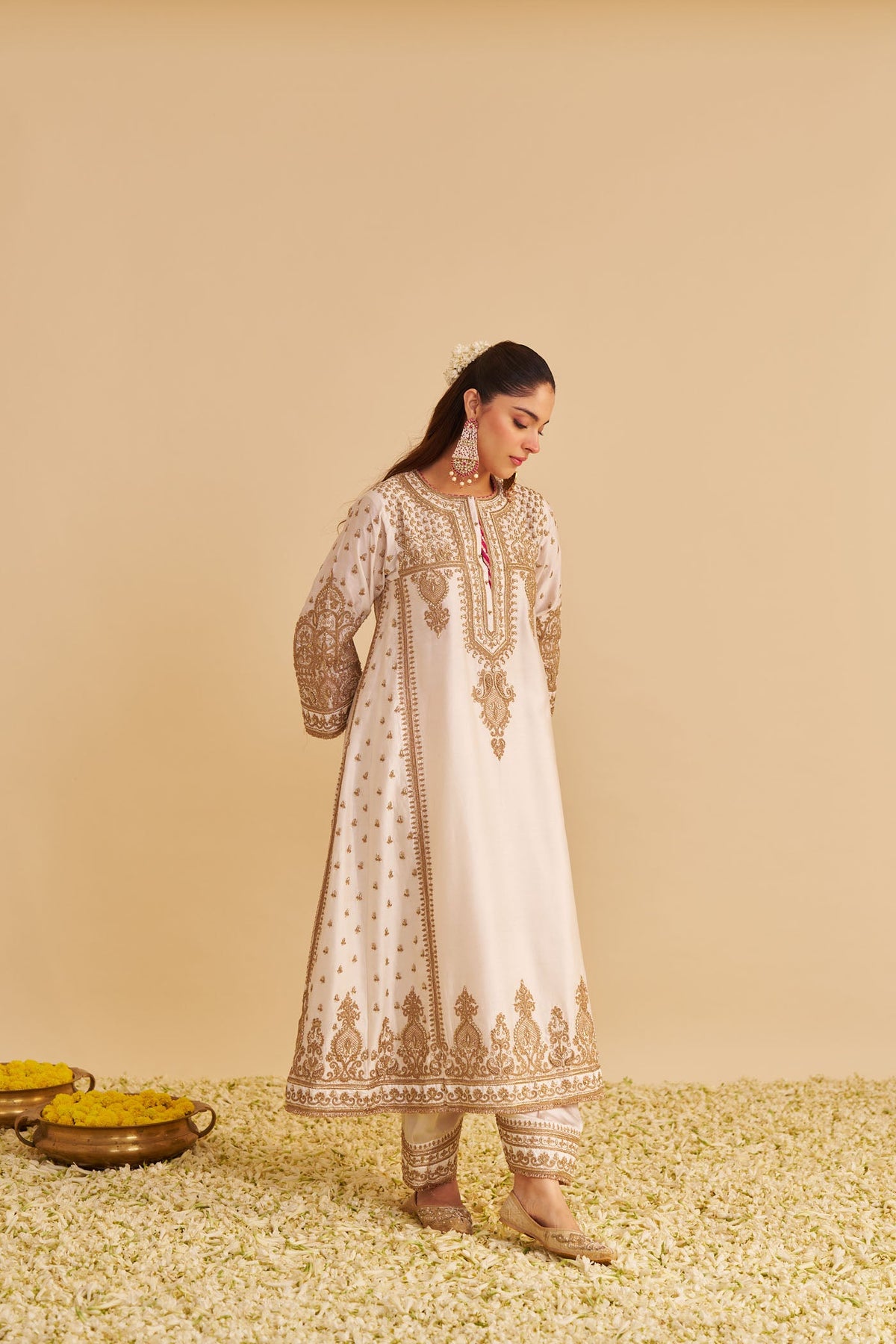 Zoya - Dabka Zardozi Embroidered Rich Banarasi Kalidaar Daisy Ivory Long Chauga Set (LXRTS)