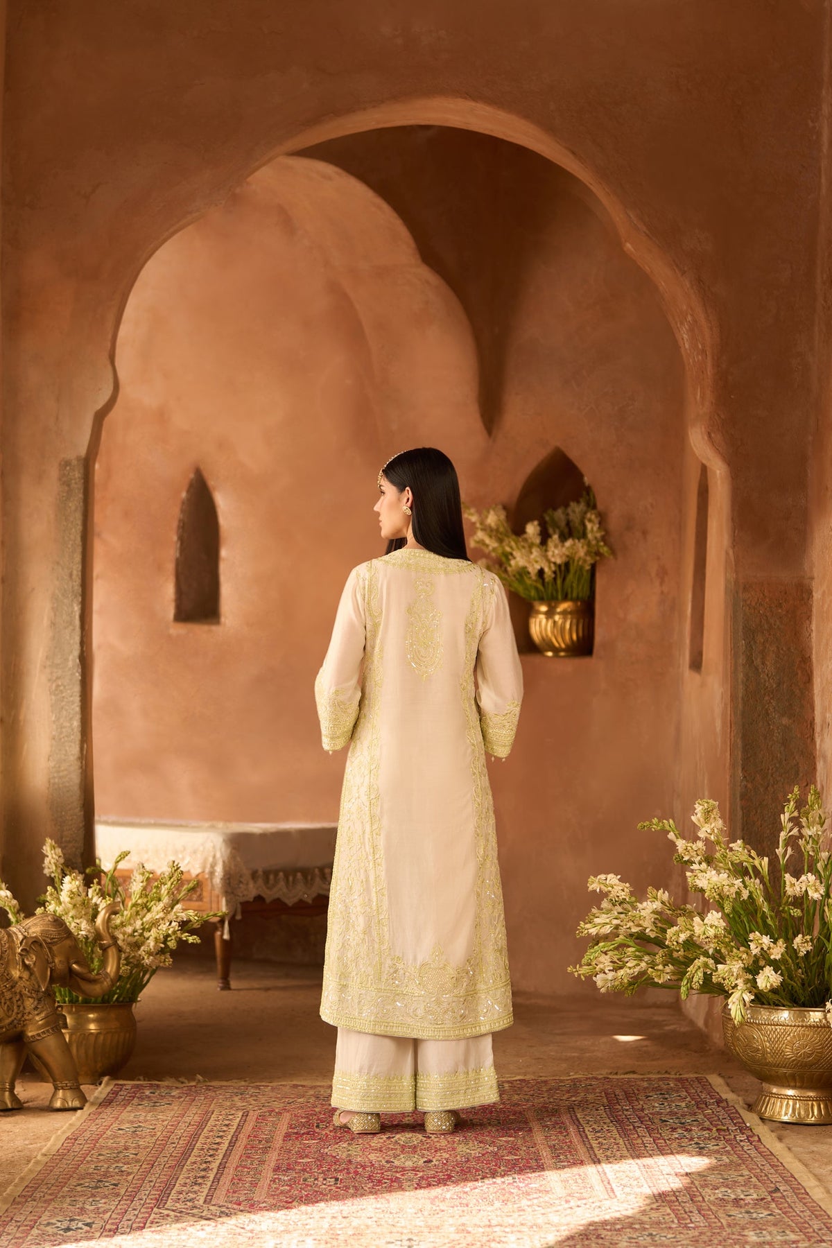 ENA - DAISY IVORY WITH MINT GREEN LONG A-LINE KURTA WITH PALAZZO AND DUPATTA (LXRTS)