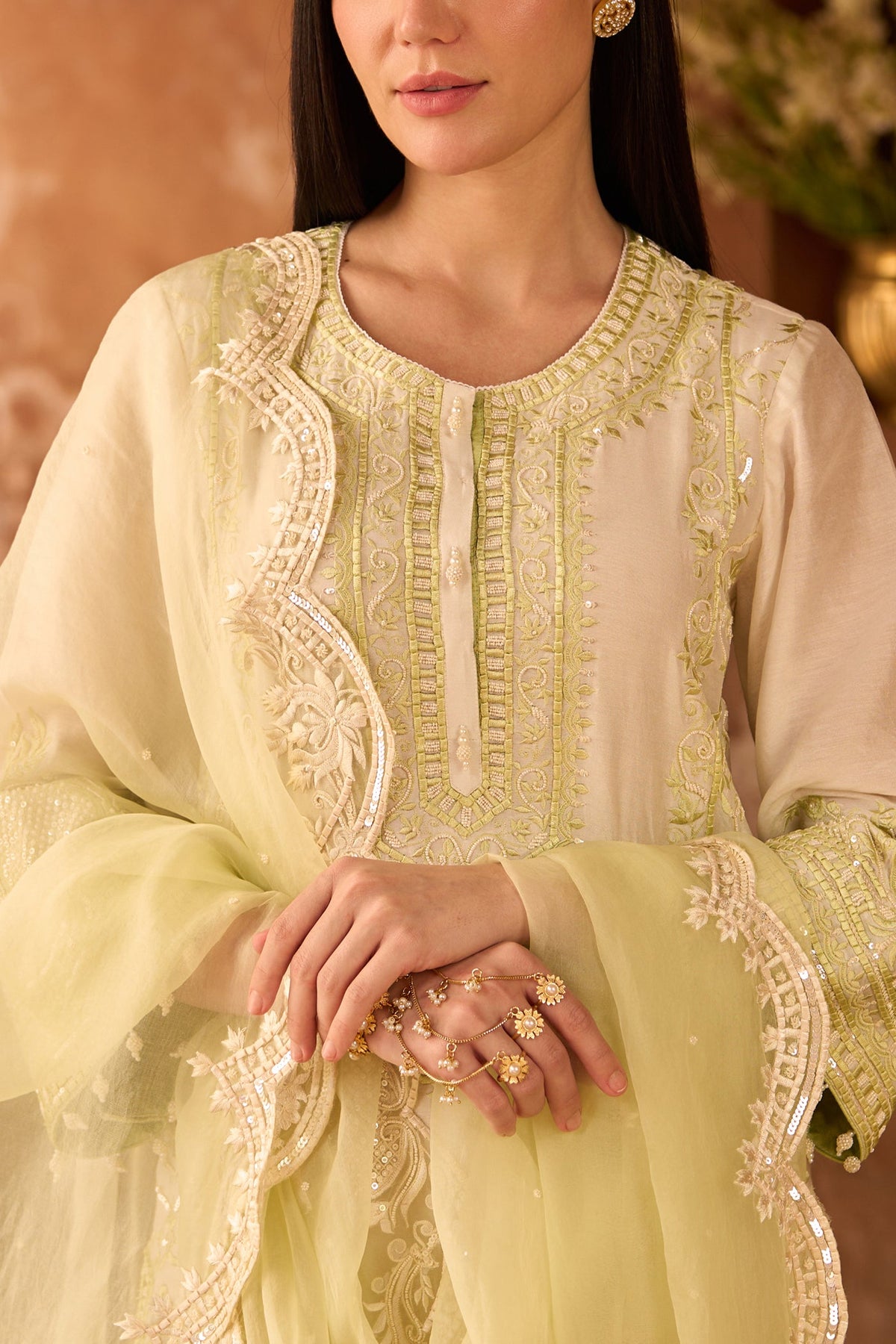 ENA - DAISY IVORY WITH MINT GREEN LONG A-LINE KURTA WITH PALAZZO AND DUPATTA (LXRTS)