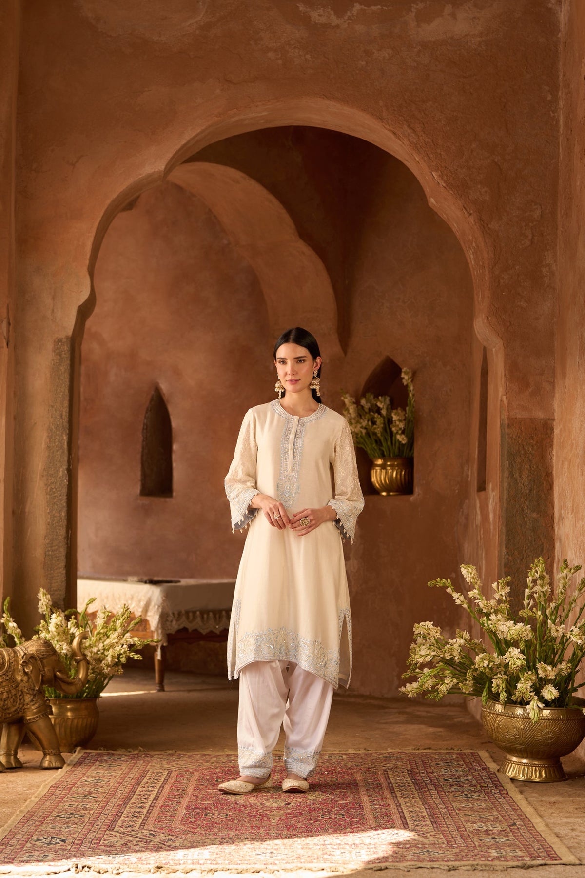 ANAM - DAISY IVORY WITH BLUE A-LINE KURTA WITH SALWAR AND DUPATTA