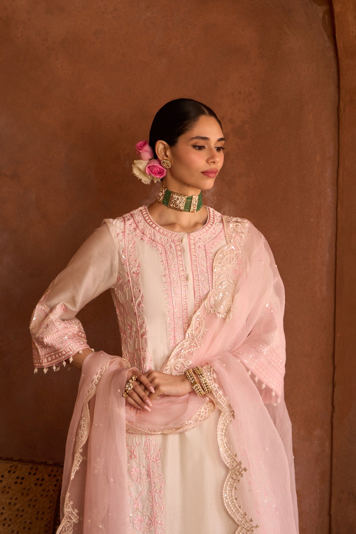 ENA - DAISY IVORY WITH PINK LONG A-LINE KURTA WITH PALAZZO AND DUPATTA