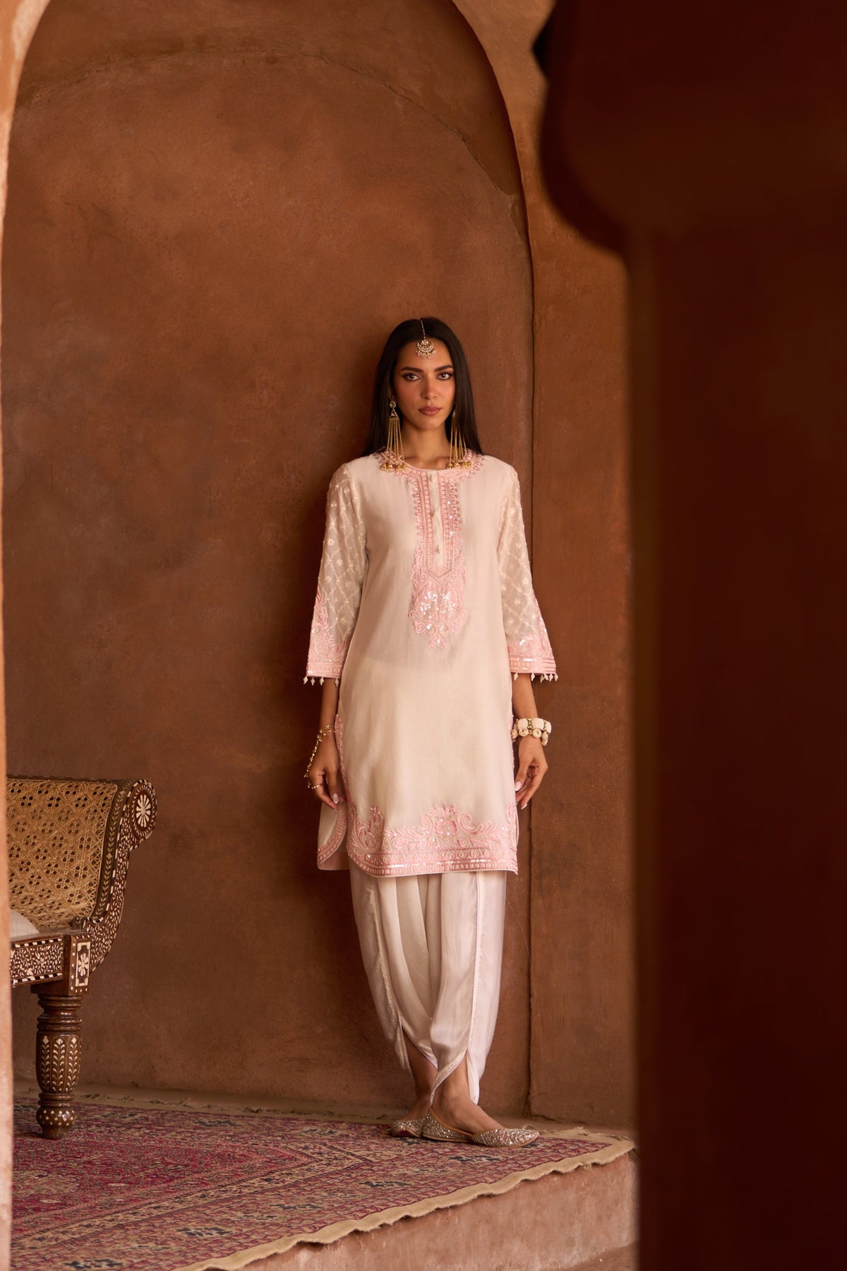 Dipti Dhillon In RUHI - DAISY IVORY WITH PINK SHORT KURTA AND DHOTI