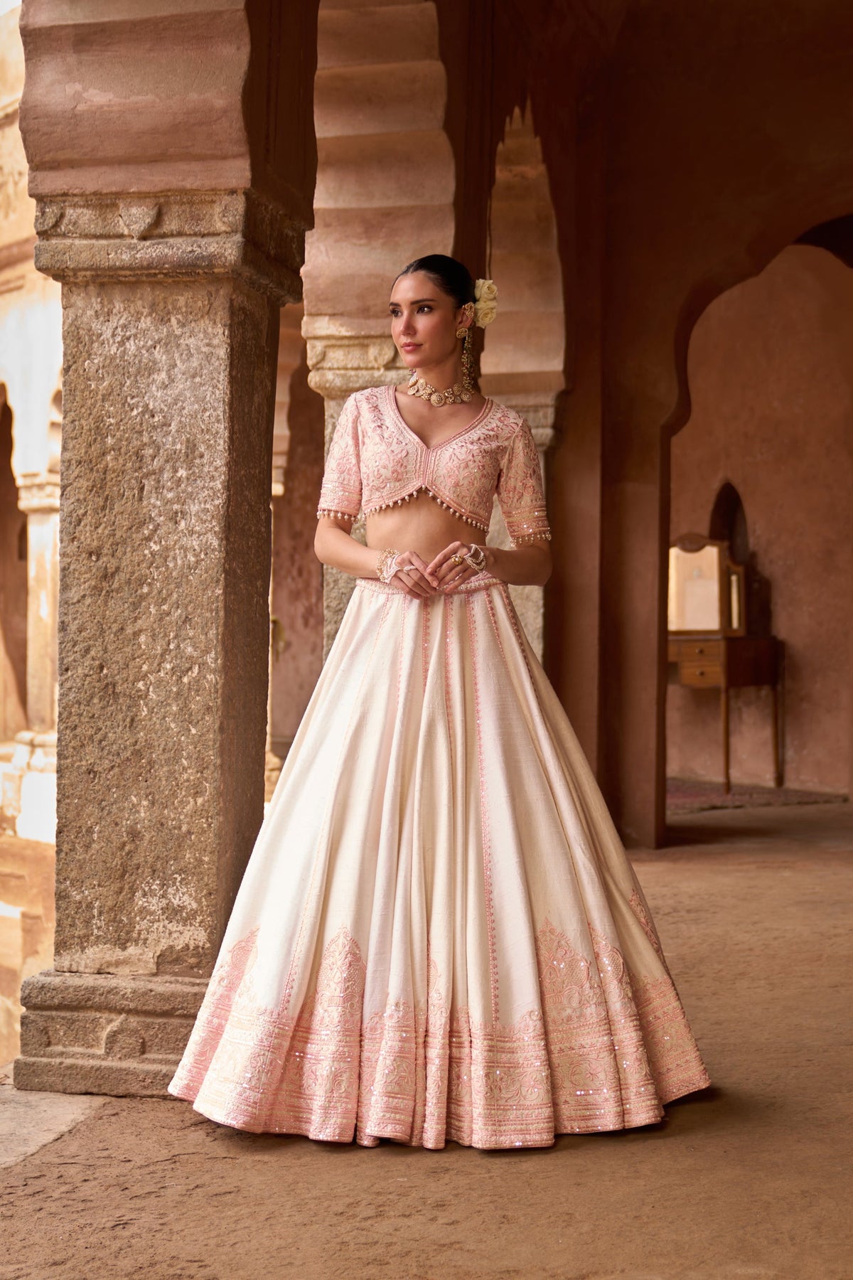 SAYEEDA - DAISY IVORY WITH PINK EMBROIDERED LEHENGA
