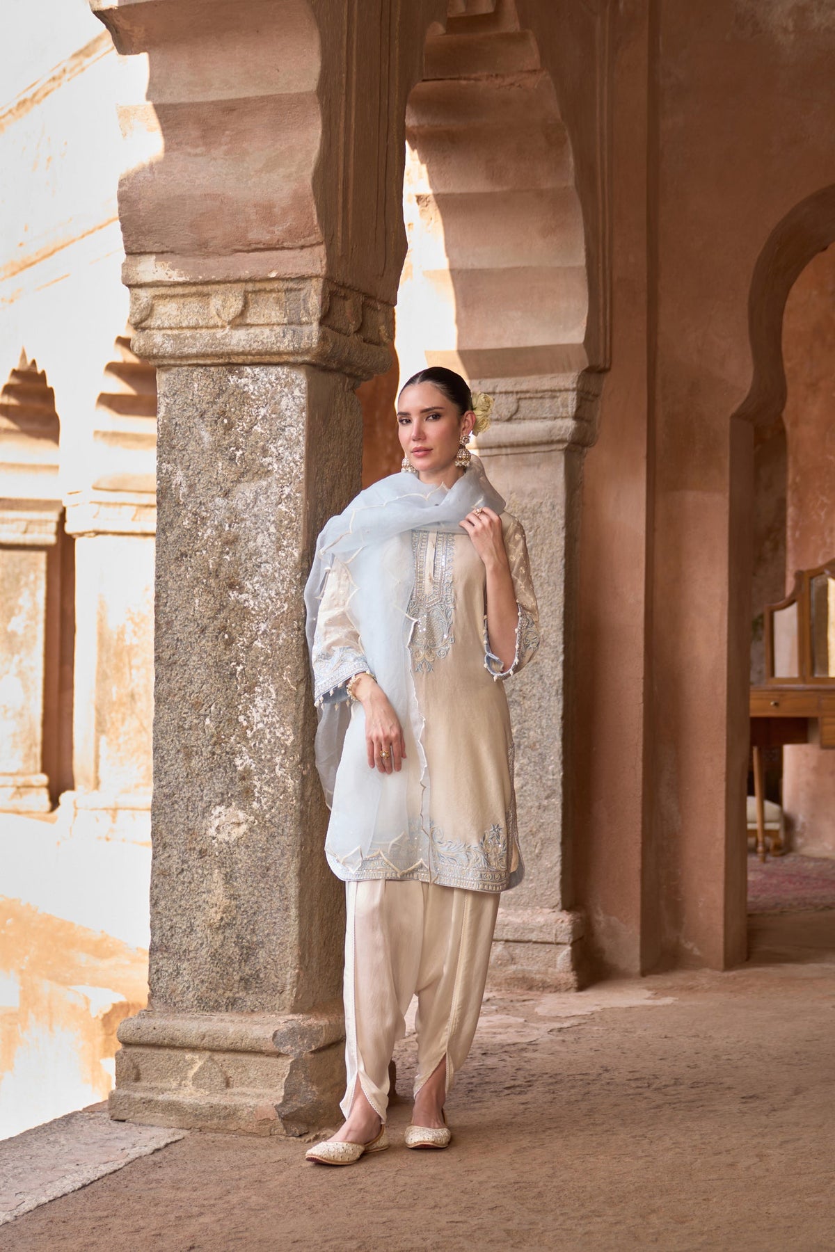 RUHI - DAISY IVORY WITH BLUE SHORT KURTA AND DHOTI
