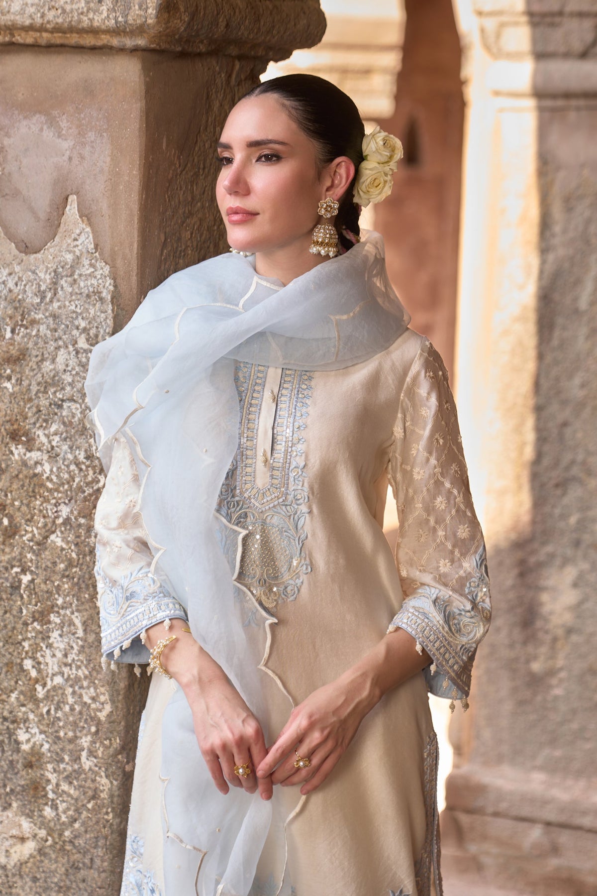 RUHI - DAISY IVORY WITH BLUE SHORT KURTA AND DHOTI