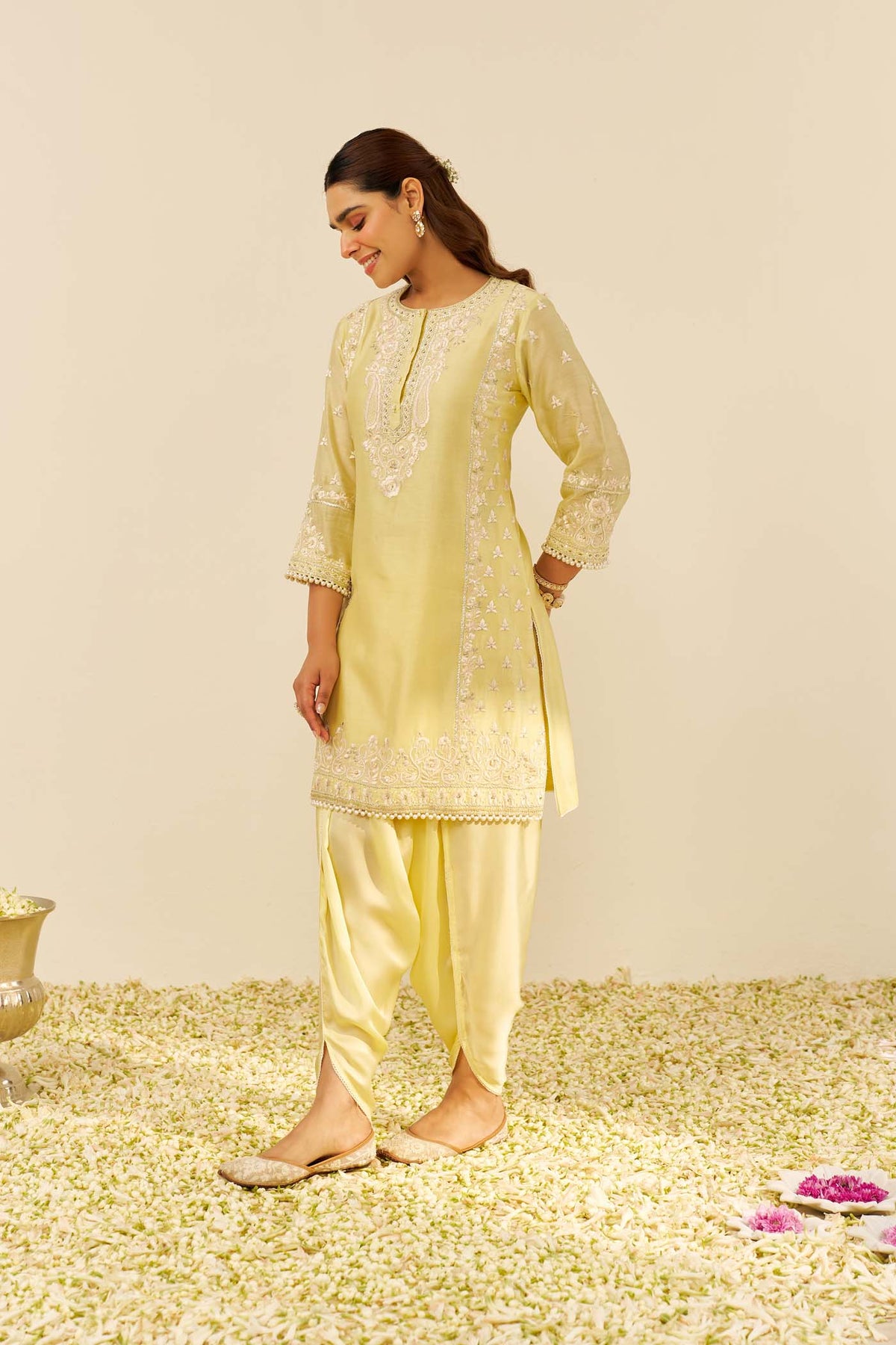 ZAISHA - Lemon Yellow SHORT KURTA WITH DHOTI