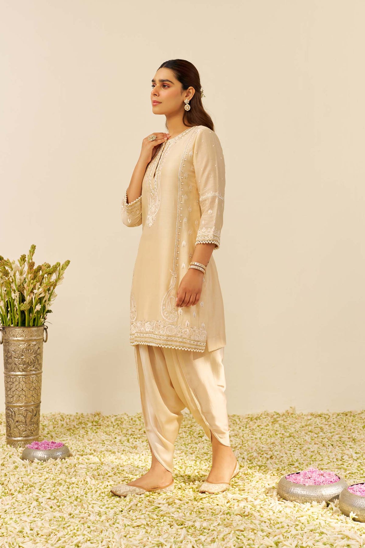 Zahra - Beige Short Kurta With Dhoti