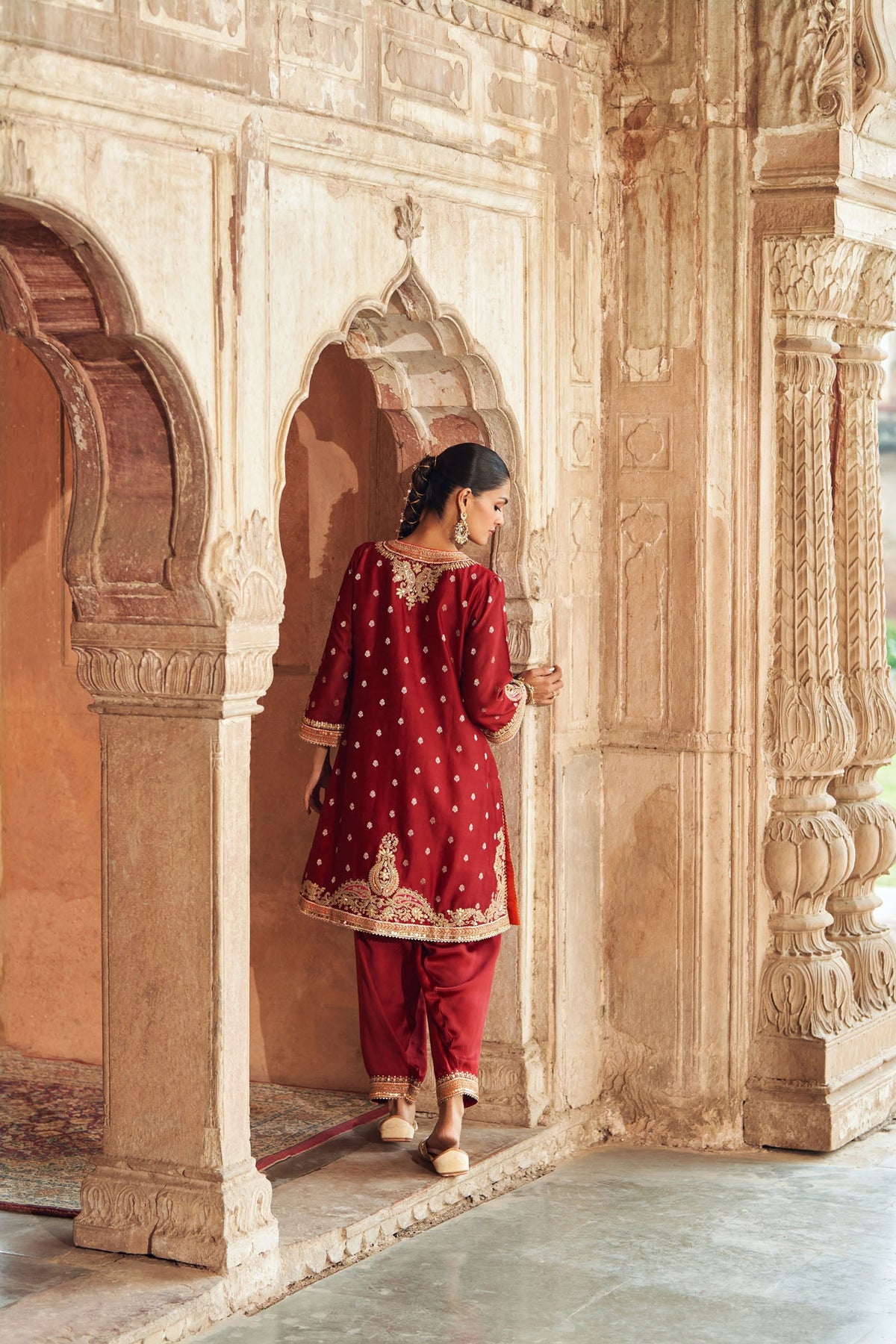 MEHWISH - DEEP RED SHORT KURTA WITH SALWAR AND DUPATTA
