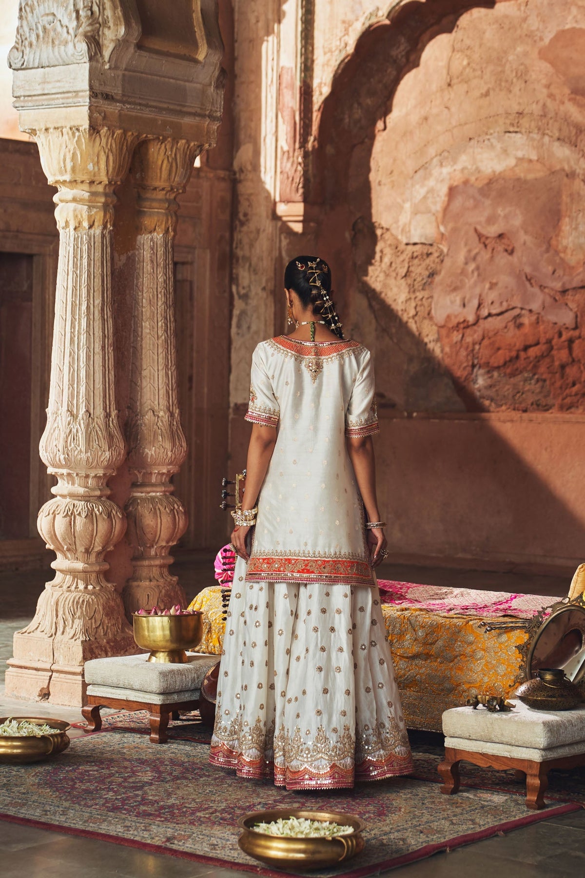 SAMREEN - DAISY IVORY SHORT KURTA WITH SHARARA AND DUPATTA (Lxrts)
