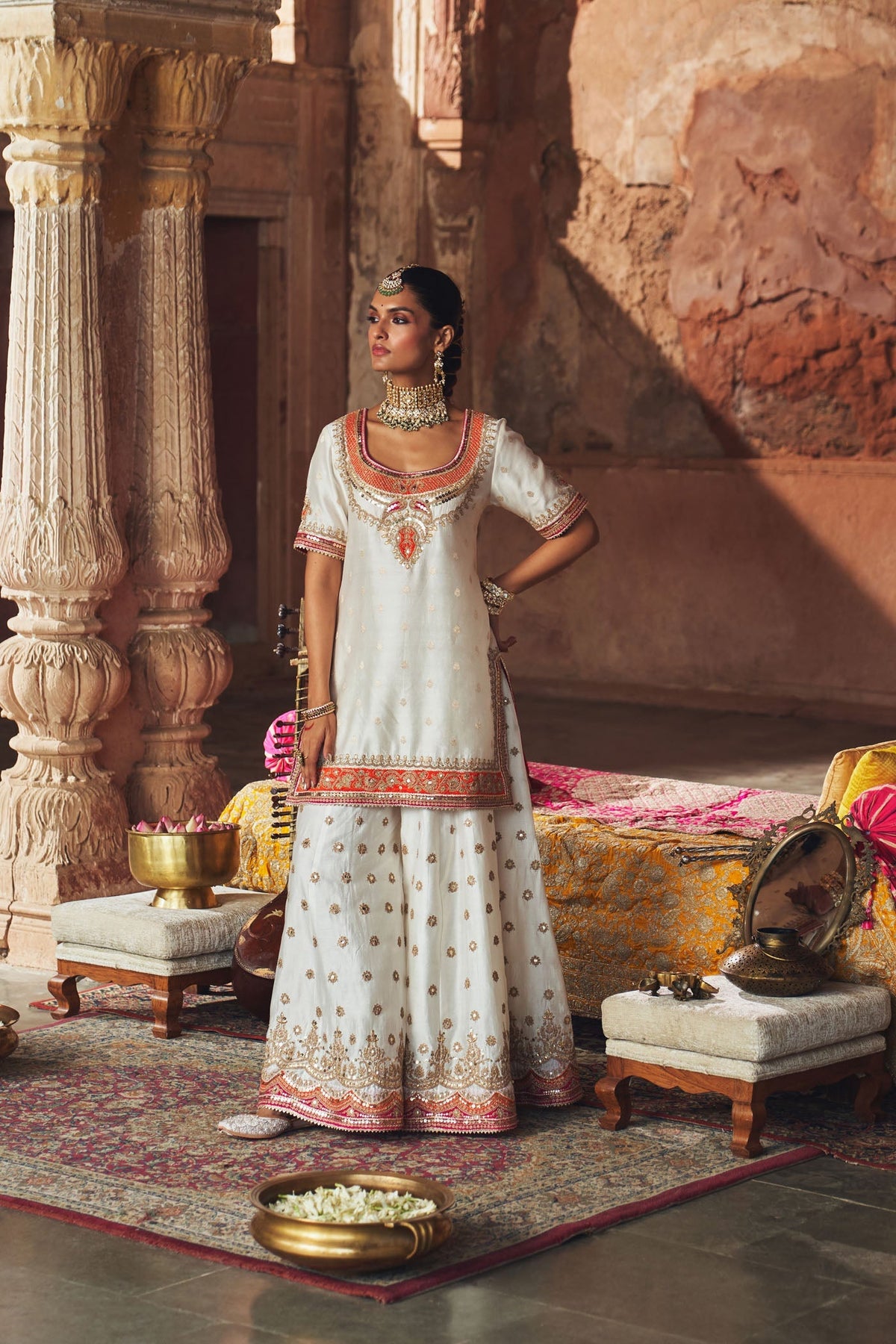 SAMREEN - DAISY IVORY SHORT KURTA WITH SHARARA AND DUPATTA (Lxrts)