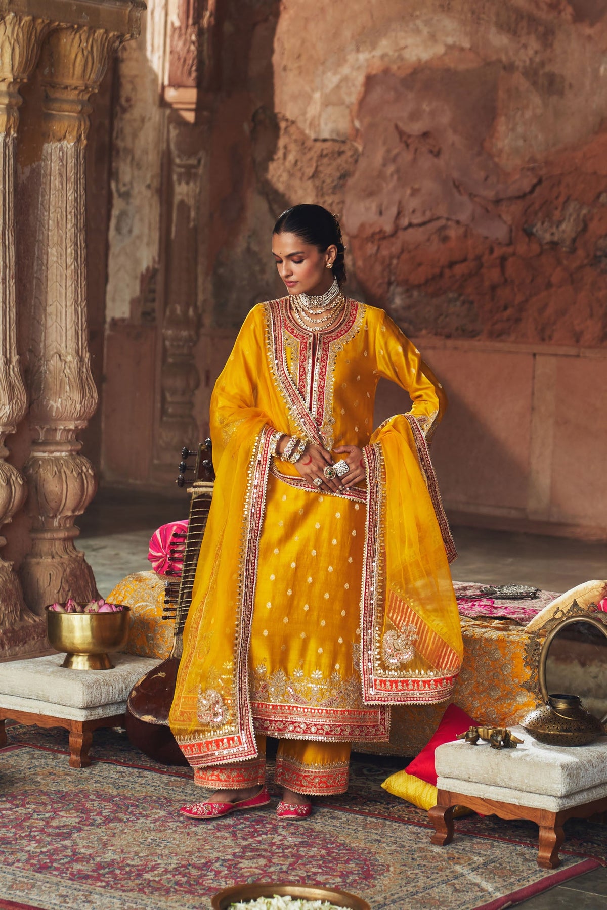 SOBIA - Heirloom Mustard LONG KURTA WITH PALAZZO AND DUPATTA