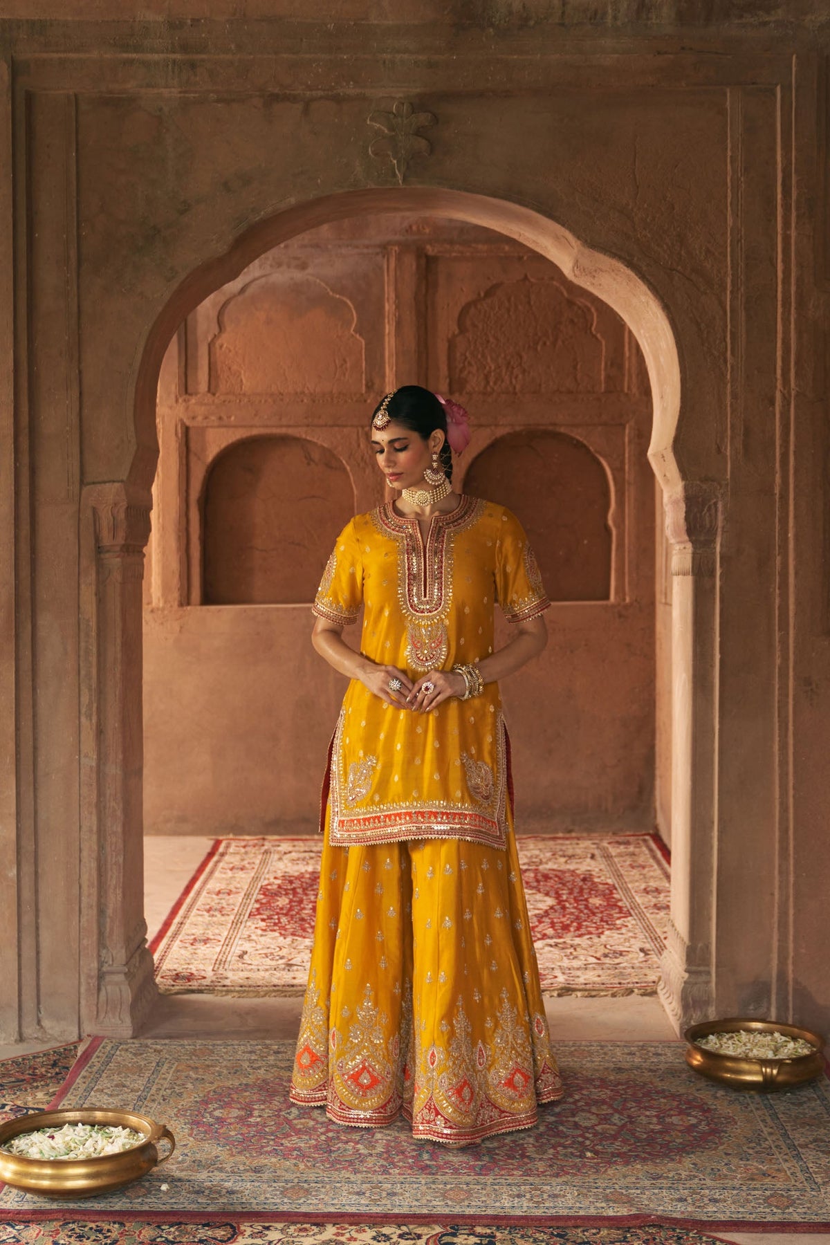 AREESHA - Heirloom Mustard SHORT KURTA WITH SHARARA AND DUPATTA