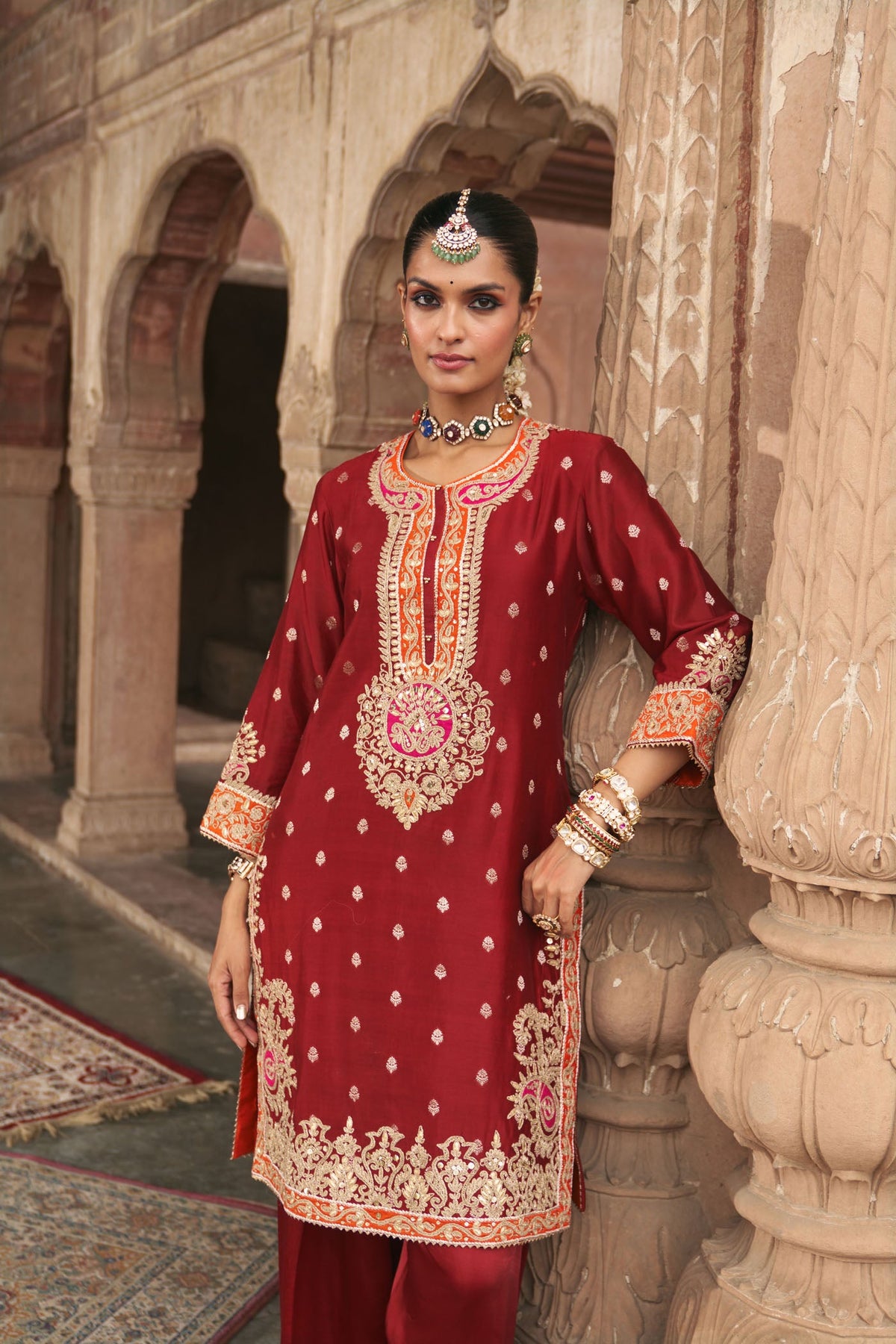 ANILA - DEEP RED SHORT KURTA WITH SALWAR