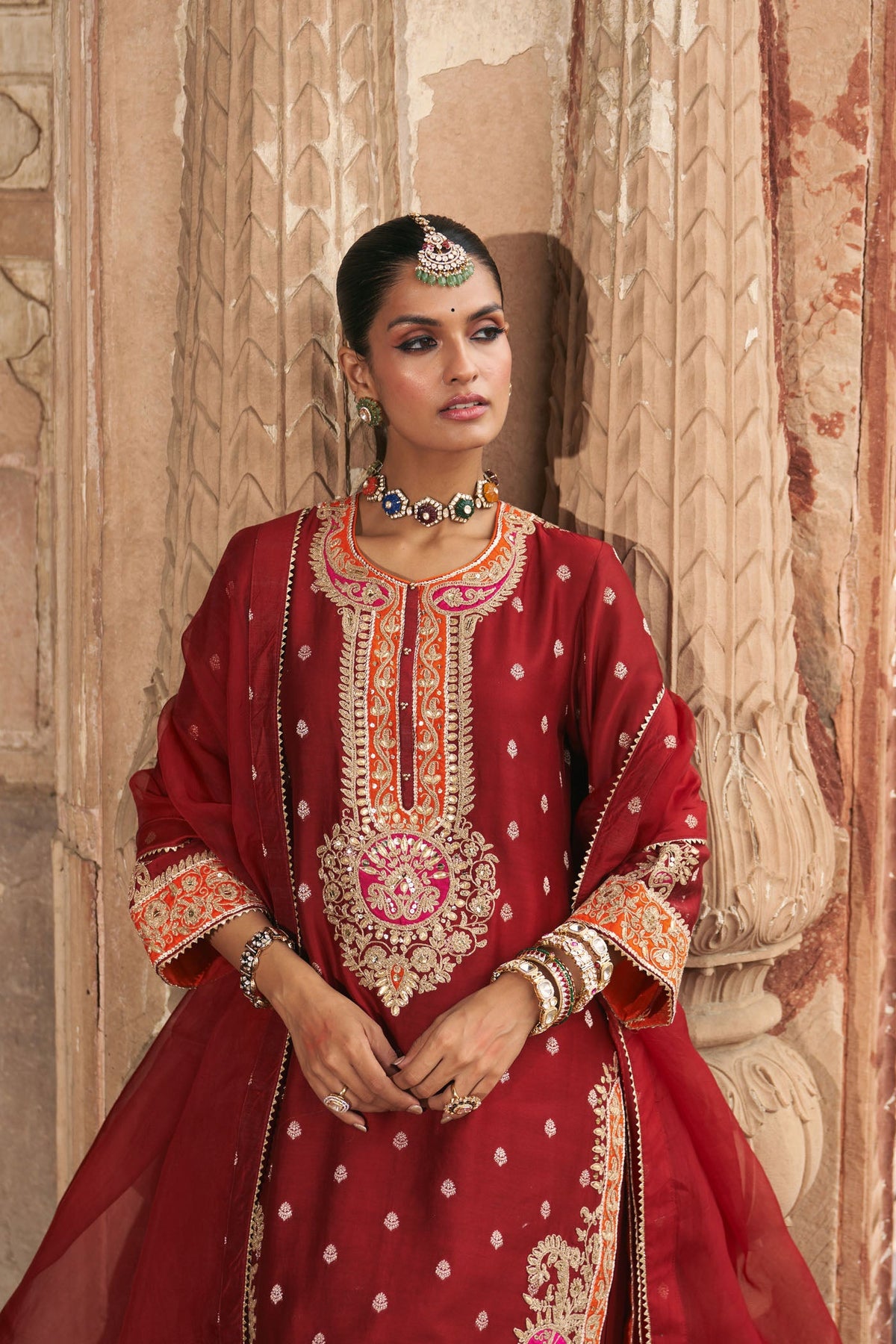 ANILA - DEEP RED SHORT KURTA WITH SALWAR
