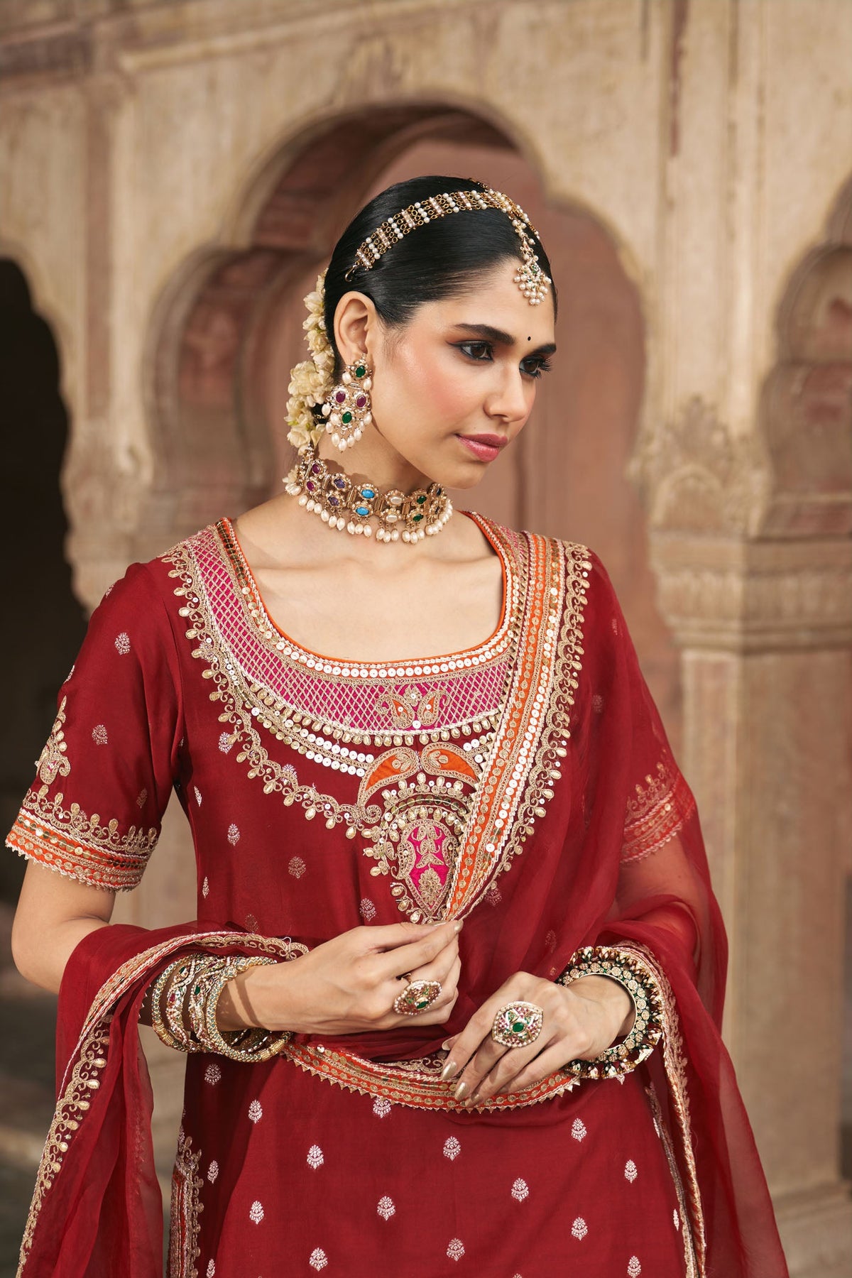 SAMREEN - DEEP RED SHORT KURTA WITH SHARARA AND DUPATTA