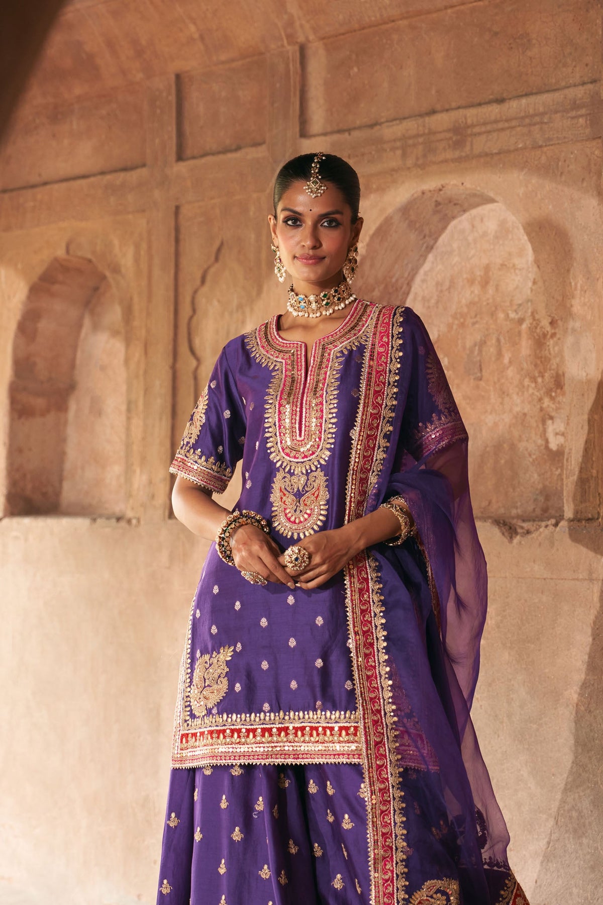 Shruti Juneja IN AREESHA - DEEP PURPLE SHORT KURTA WITH SHARARA AND DUPATTA
