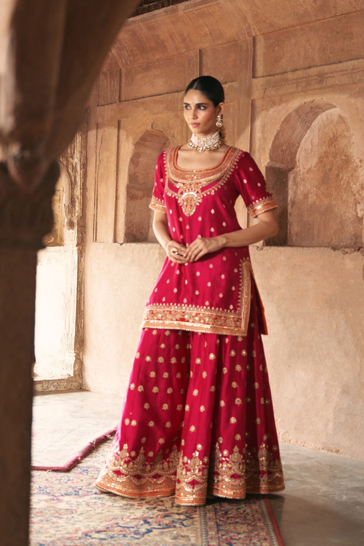 SAMREEN - Rani Hotpink SHORT KURTA WITH SHARARA AND DUPATTA