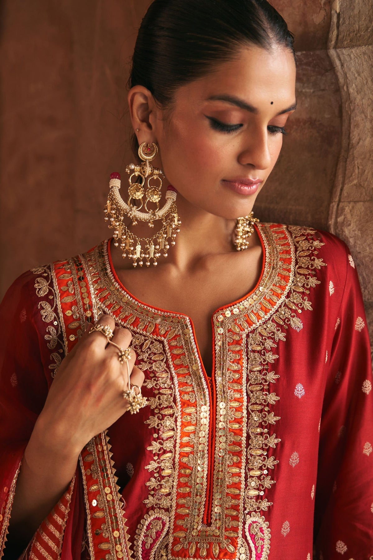 SUMAIRA - DEEP RED LONG KURTA WITH PALAZZO AND DUPATTA (Lxrts)