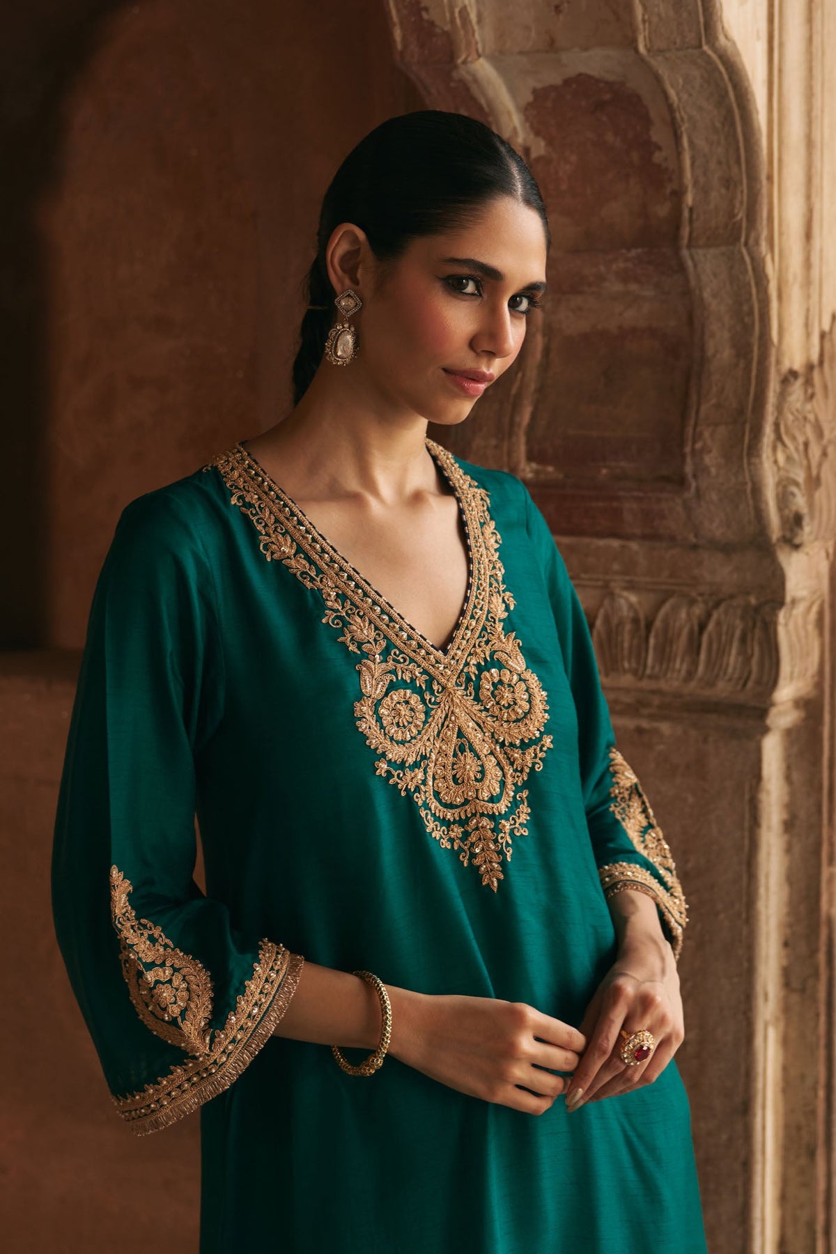 HAAYAT - EMERALD GREEN LONG KAFTAN WITH SALWAR