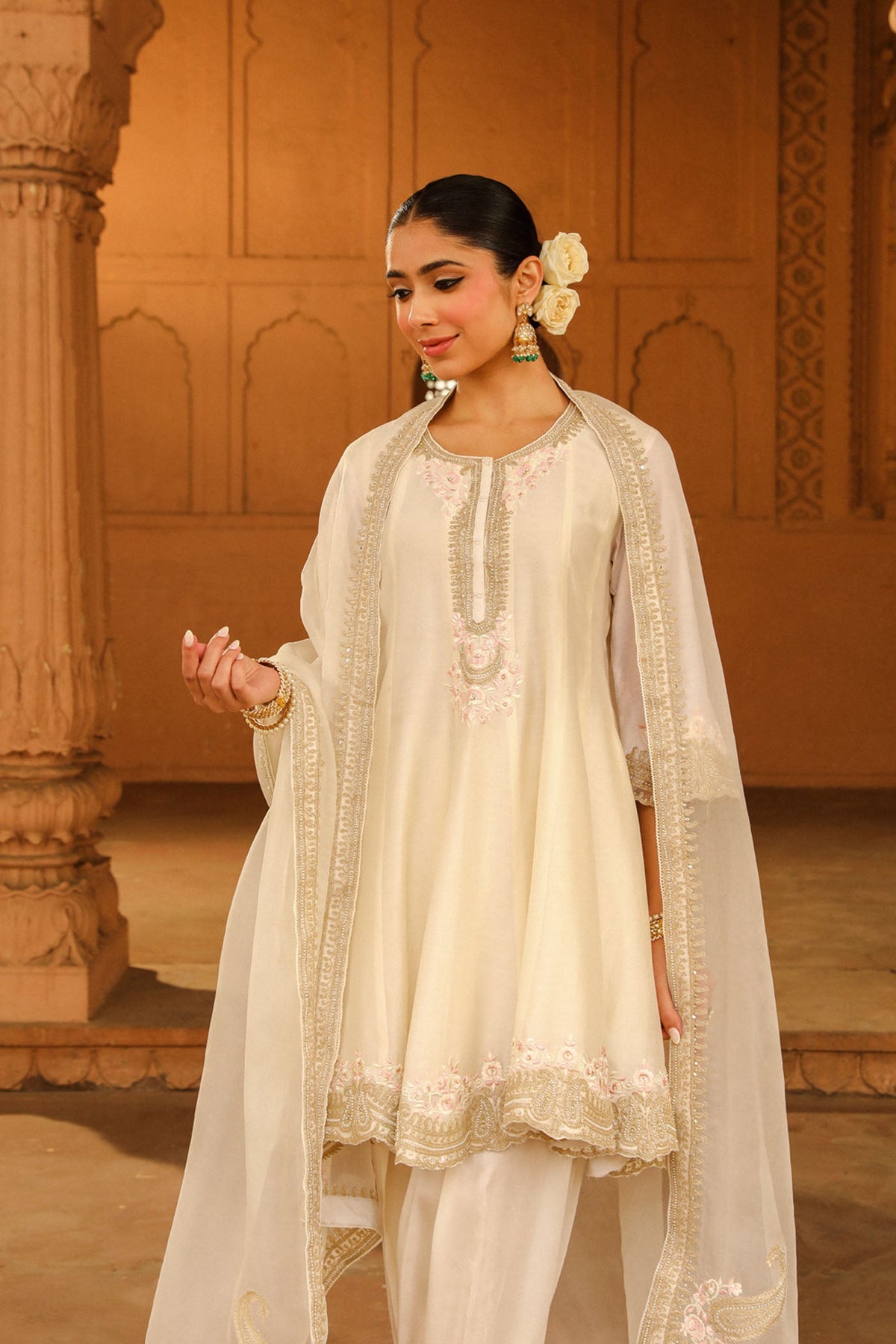 Huma Qureshi in Faria - Daisy Ivory Short Anarkali with Chooridaar and Dupatta