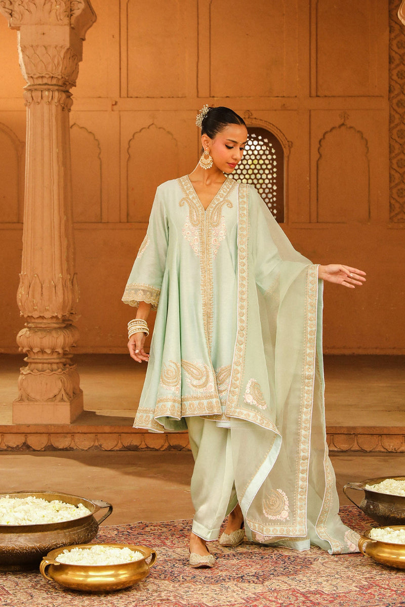 Fajr - Misty Green Short Anarkali with Chooridaar and Dupatta