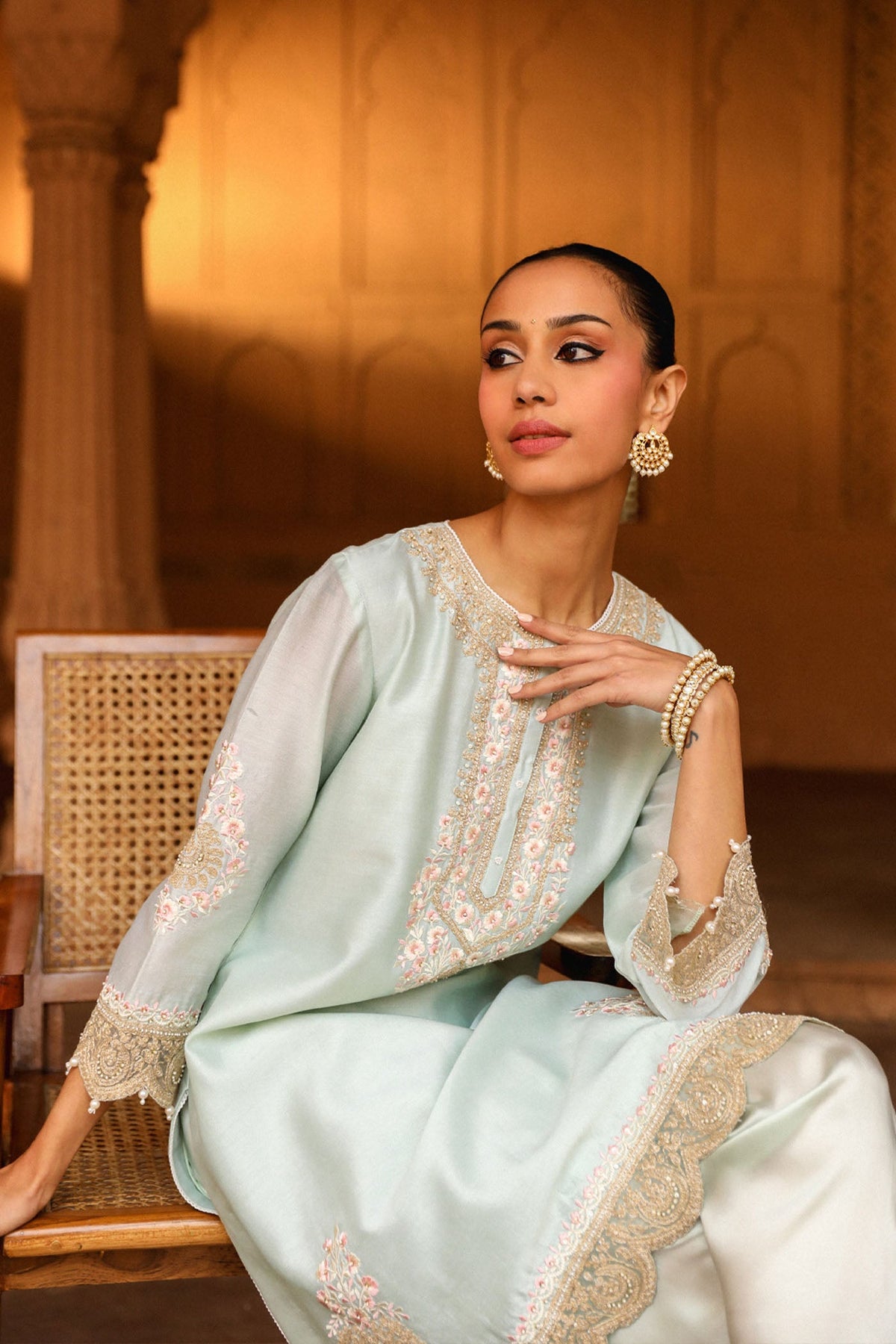 Khushnaz Ashdin In Ernika - Misty Green Kurta with dhoti