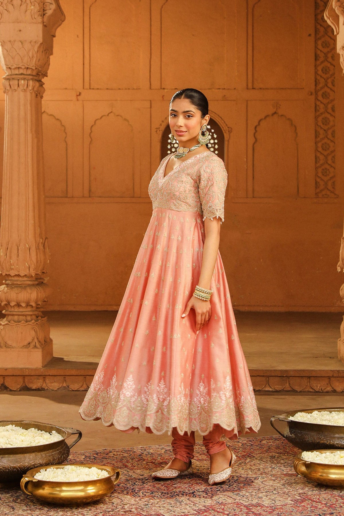 Wasifa - Off Rose Ankle Length Anarkali with Chooridaar and Dupatta