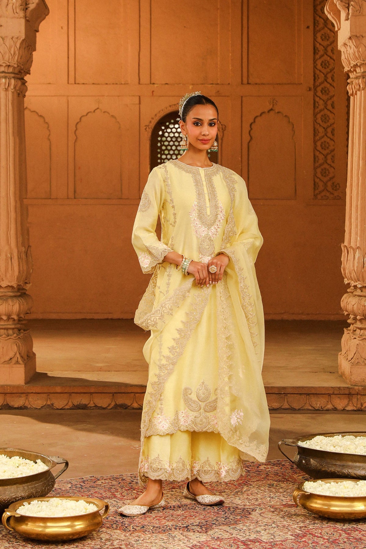 Yusra - Lemon Yellow Long kurta with palazzo and dupatta