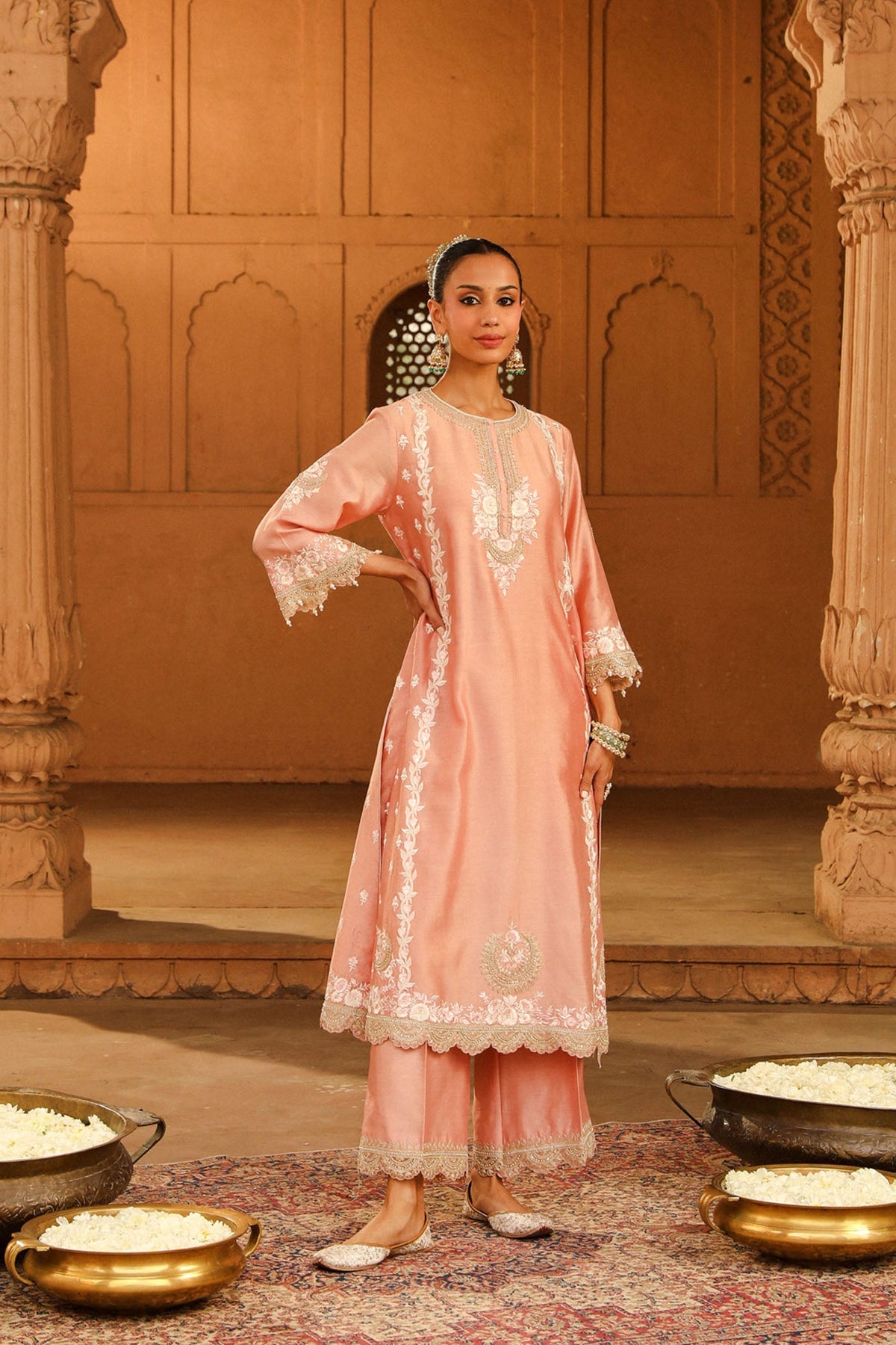 Yasna - Off Rose Long kurta with palazzo and dupatta