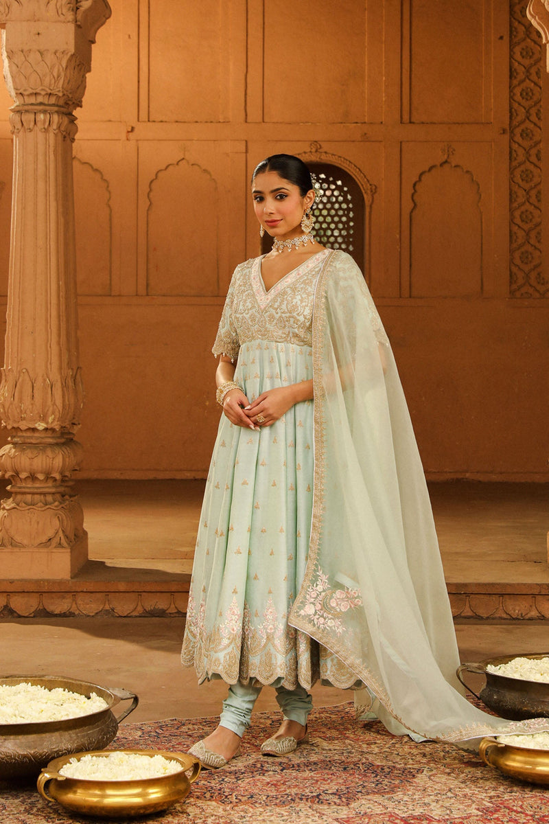 Wasifa - Misty Green Ankle Length Anarkali with Chooridaar and Dupatta