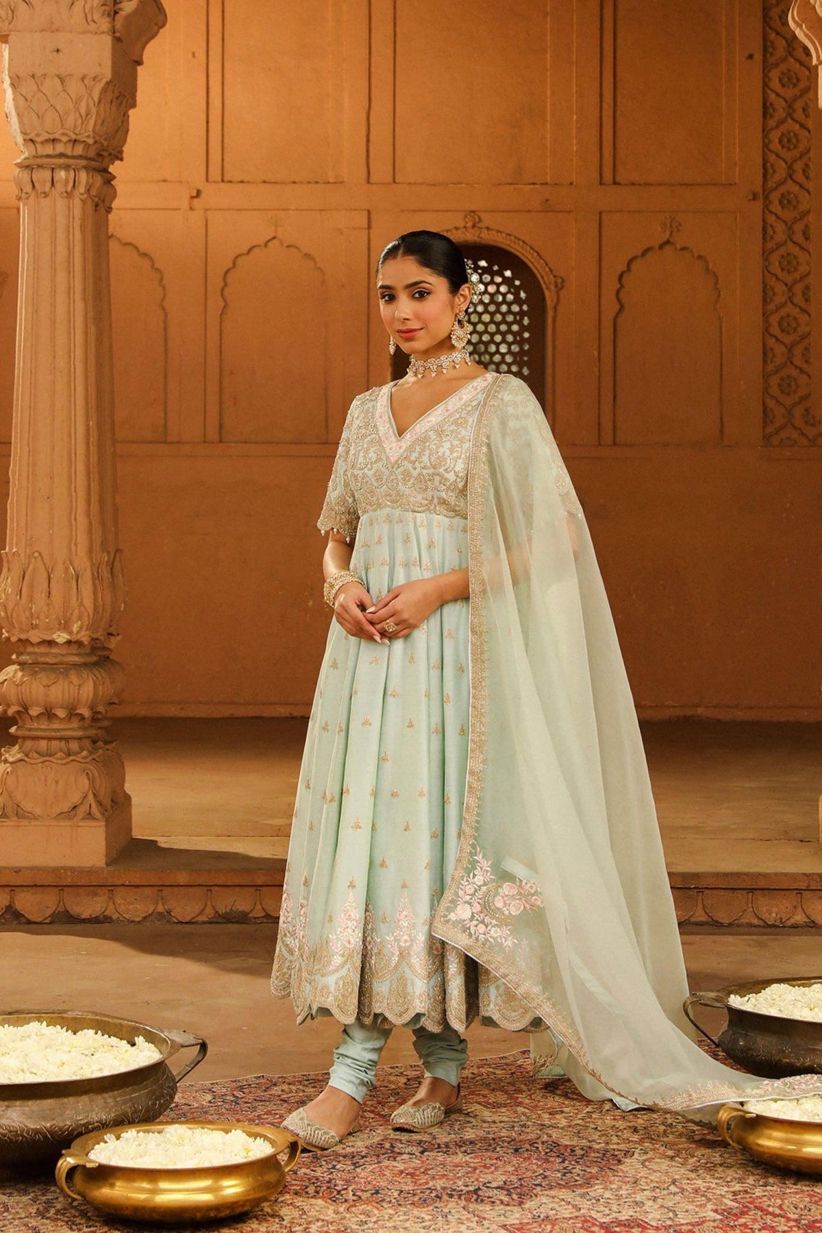 Wasifa - Misty Green Ankle Length Anarkali with Chooridaar and Dupatta (Lxrts)