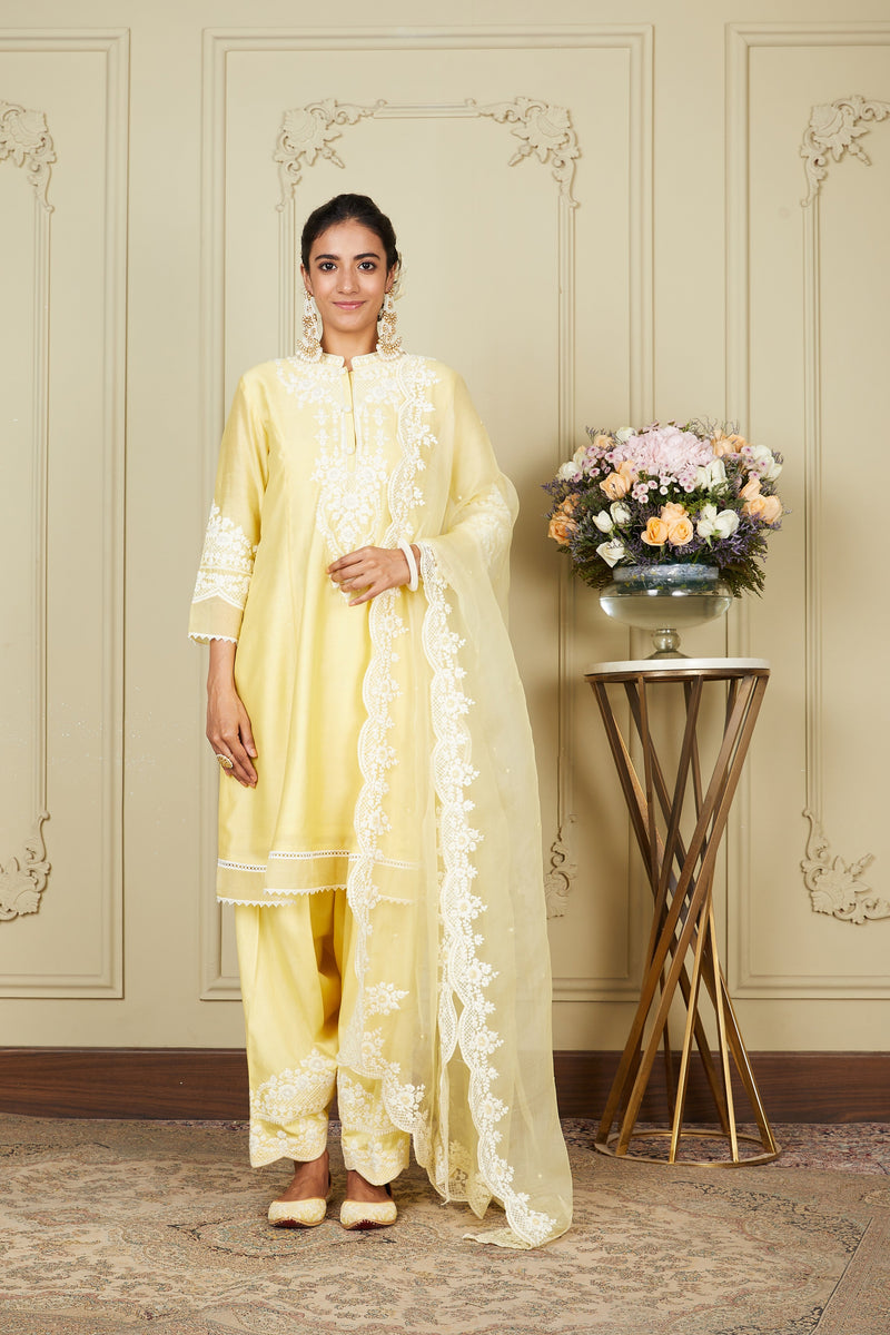 Ruzena - Lemon Yellow A-line short kurta with salwar and dupatta