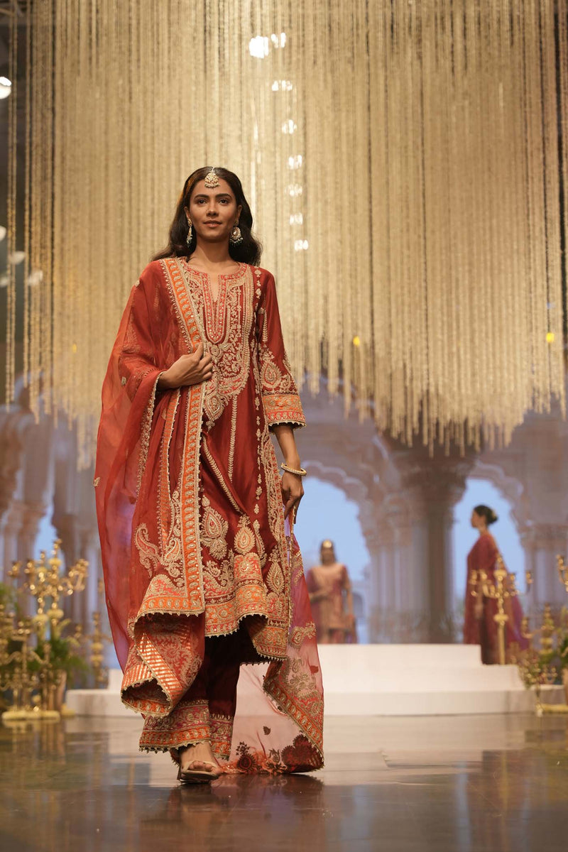 Rua - Deep Red Long A-line Kurta with Palazzo (Lxrts)