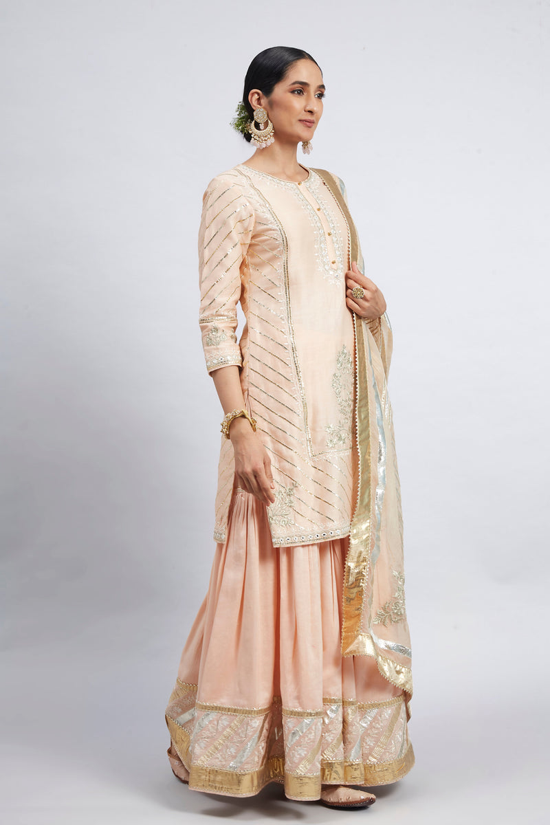 Eliza - Peach Chanderi Silk Kurta and Garara Set with Organza dupatta