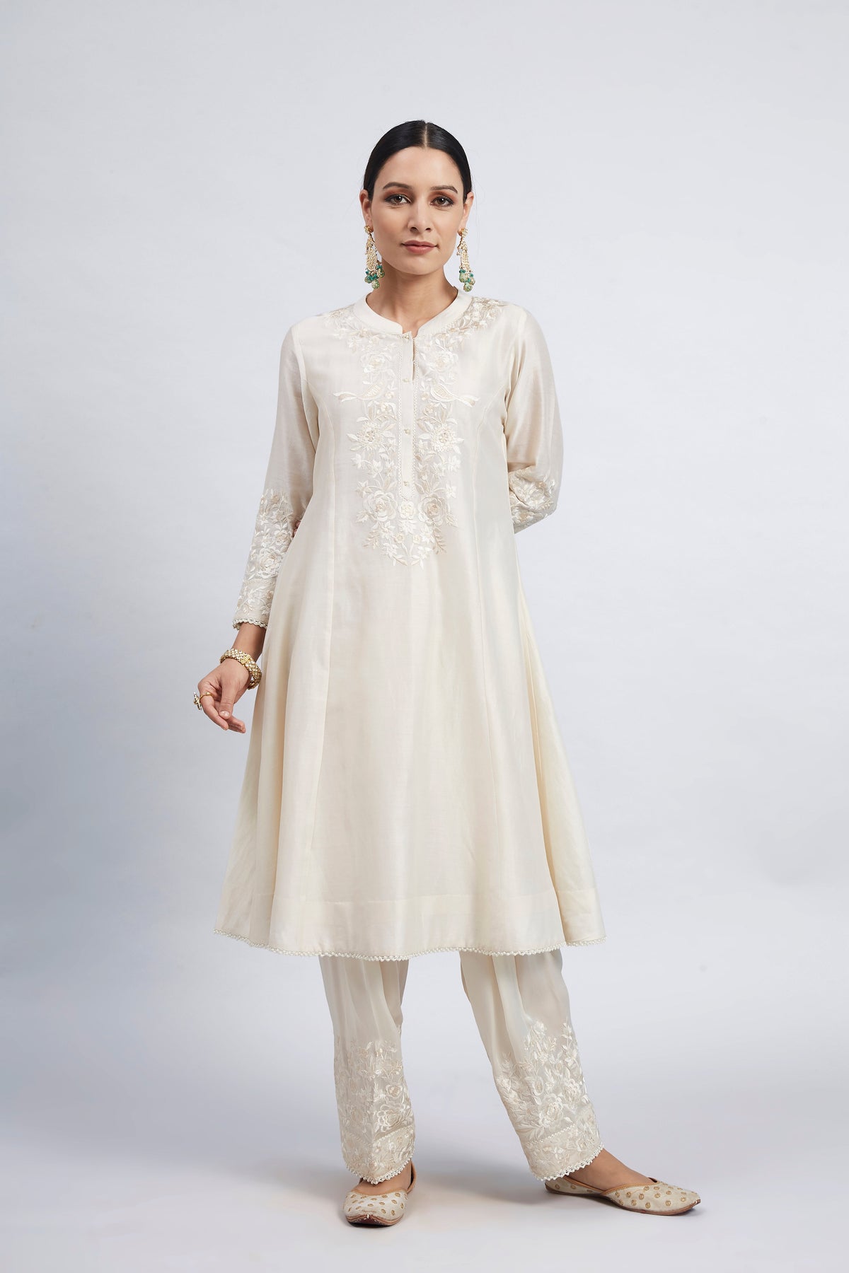 Kaina- Daisy Ivory Pure chanderi Silk Parsi-gara Embroidered Ensemble