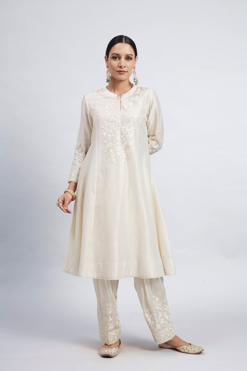 Kaina- Daisy Ivory Pure chanderi Silk Parsi-gara Embroidered Ensemble