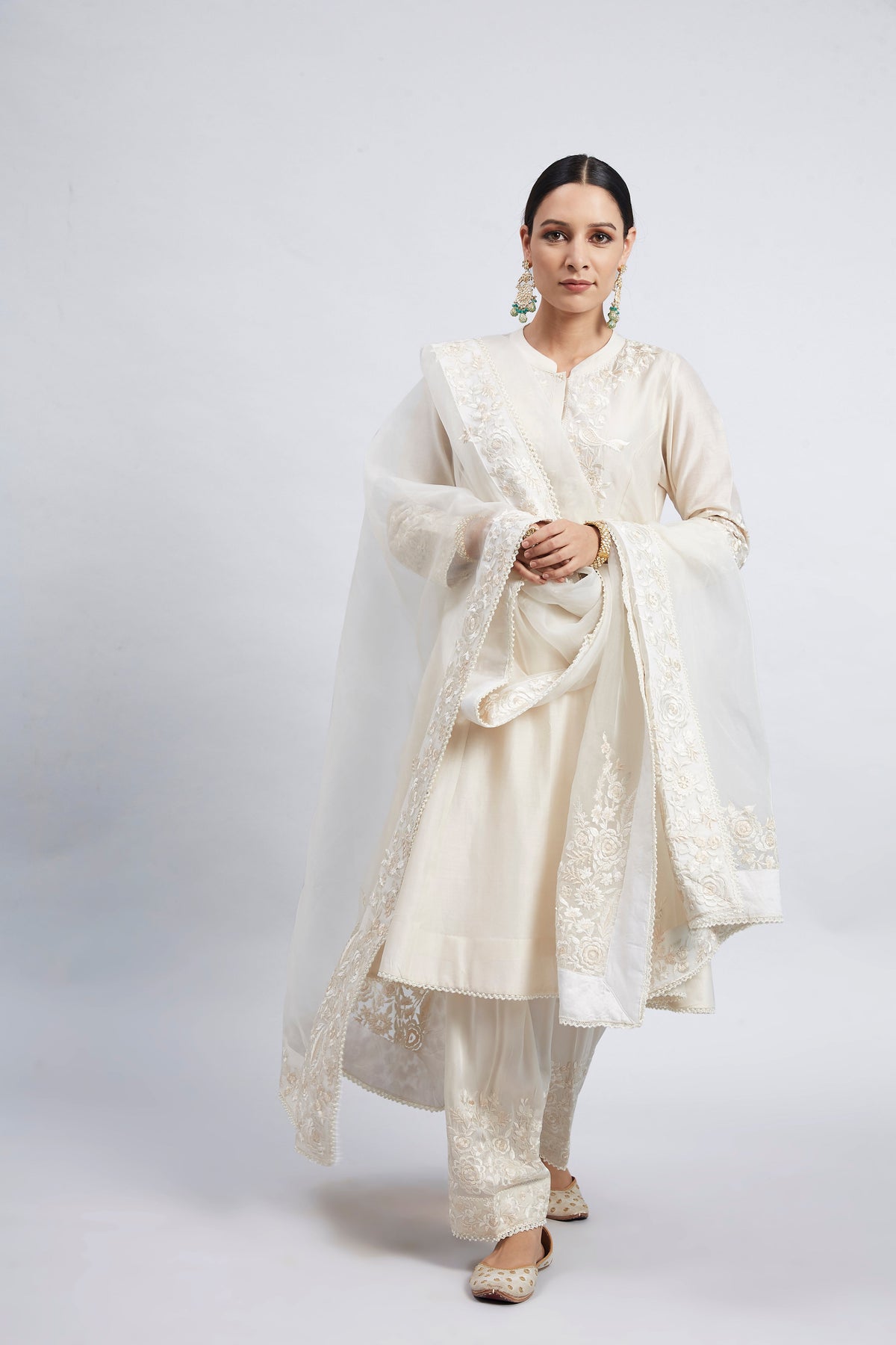 Kaina- Daisy Ivory Pure chanderi Silk Parsi-gara Embroidered Ensemble