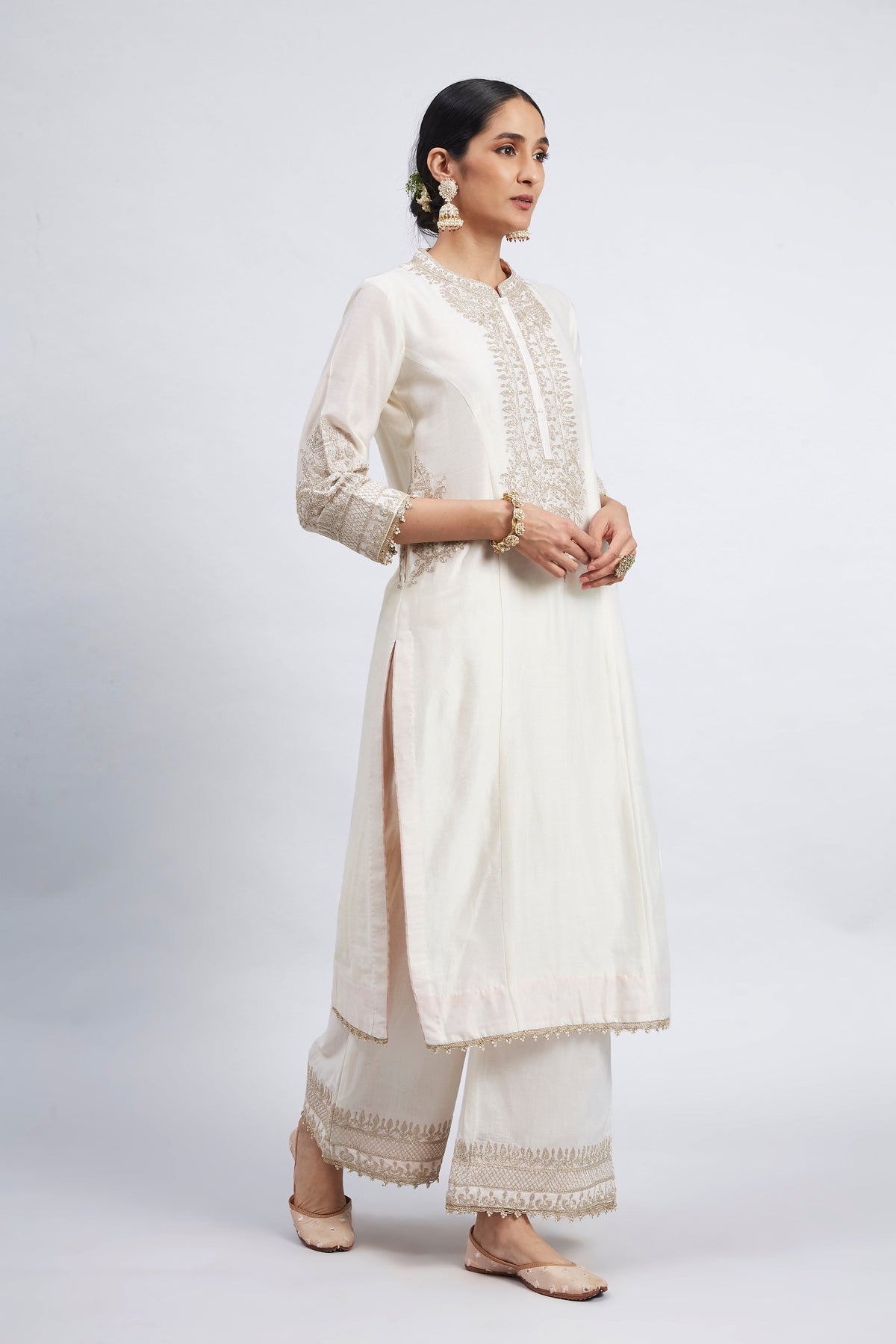 Aadah- White Princess-Cut Long Kurta Set