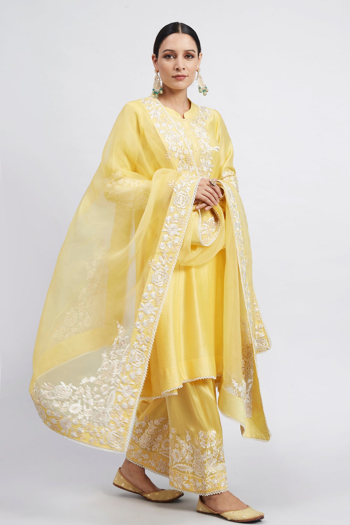 Kaina- Daffodil Yellow Pure chanderi silk embroidered ensemble