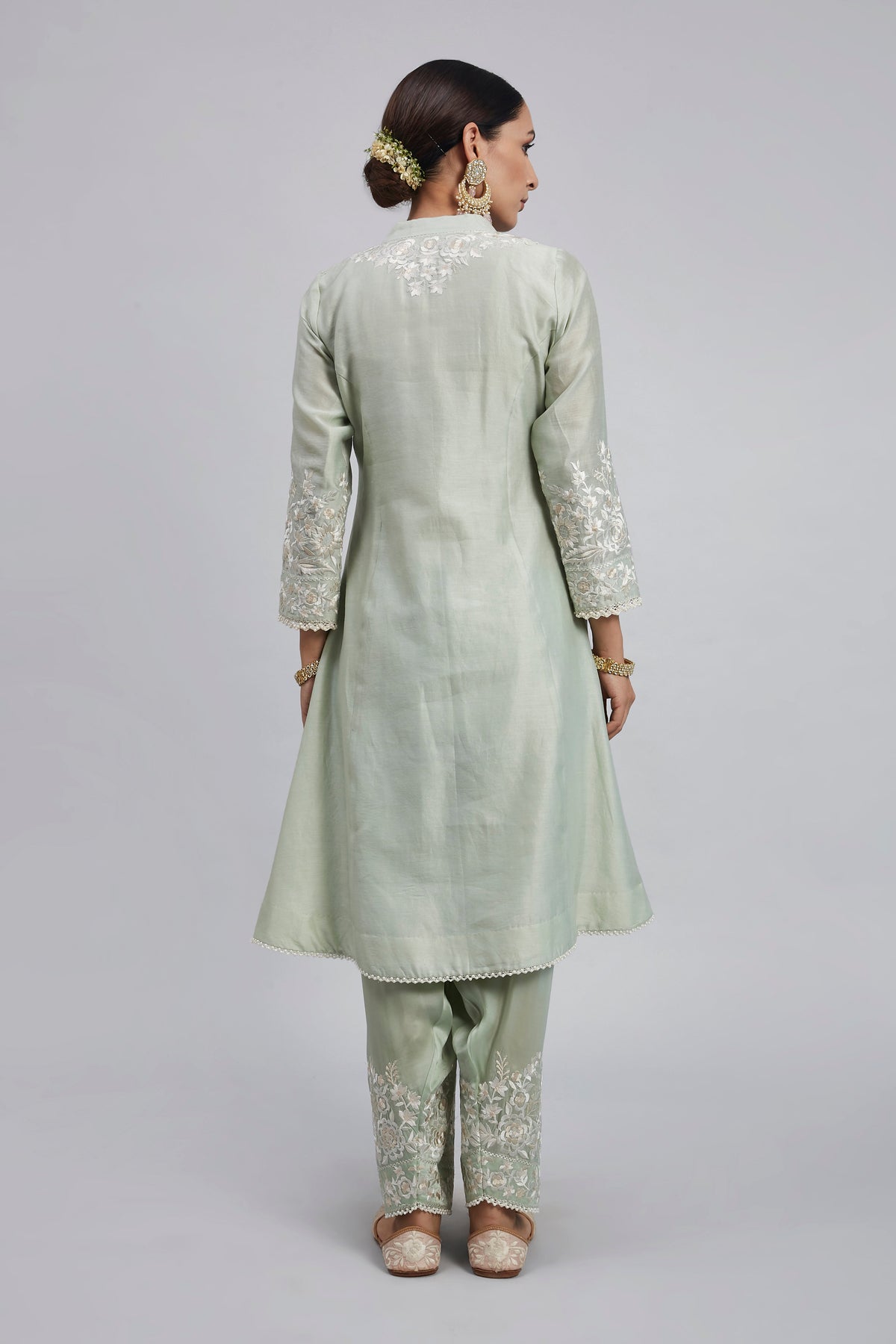 Kaina- Mint Green Pure chanderi silk Parsi-gara embroidered ensemble
