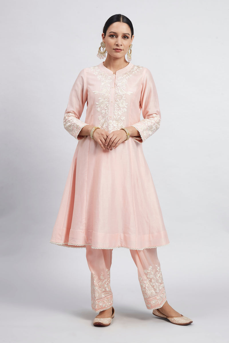 Kaina- Soft Pink Pure chanderi silk Parsi-gara embroidered ensemble