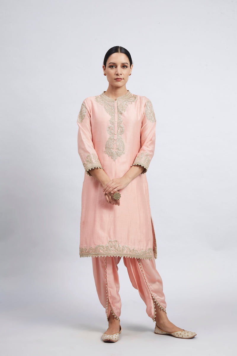 Aabisah- Carnation Pink Embroidered Kurta With Dhoti