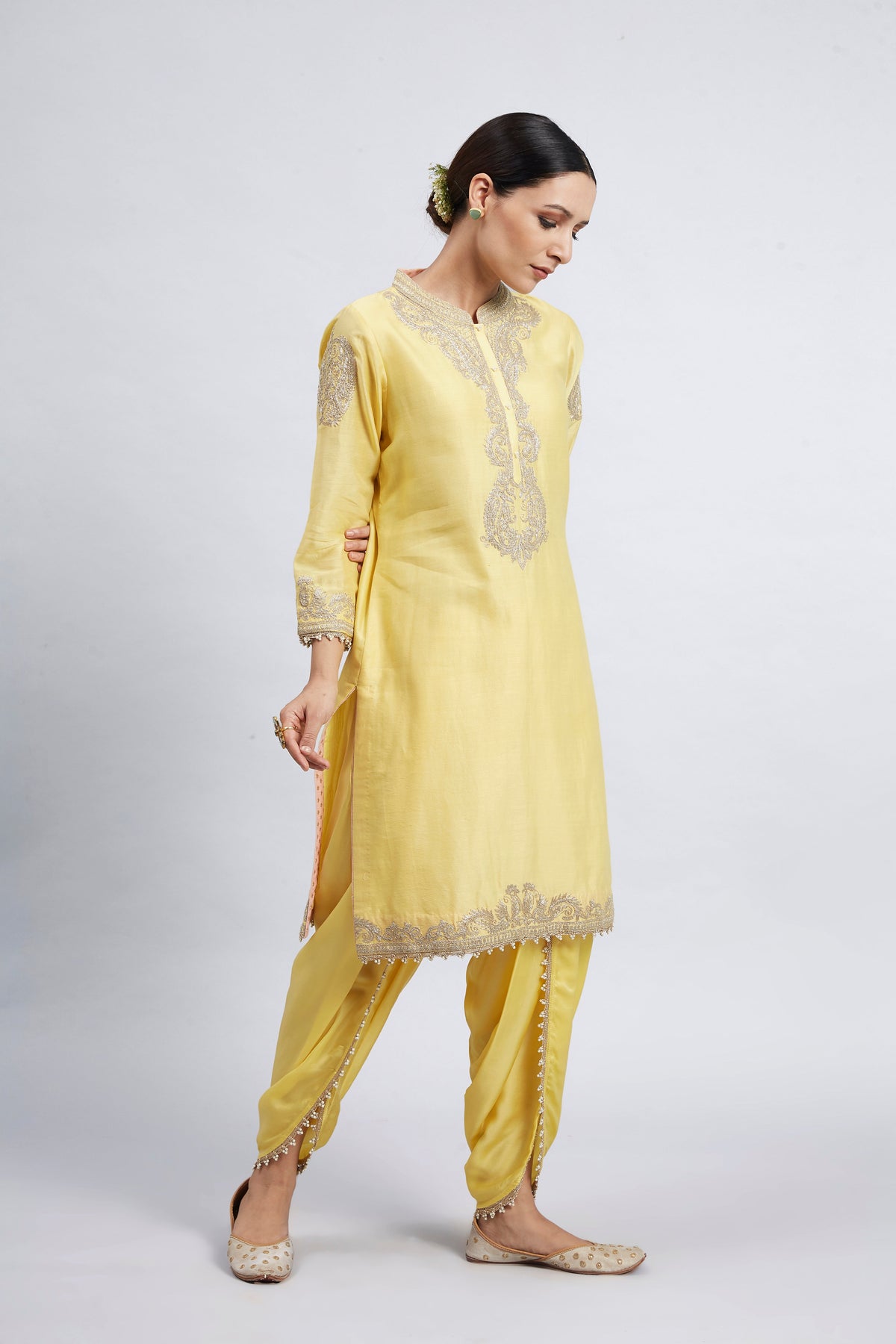Aabisah- Daffodil Yellow Embroidered Kurta With Dhoti