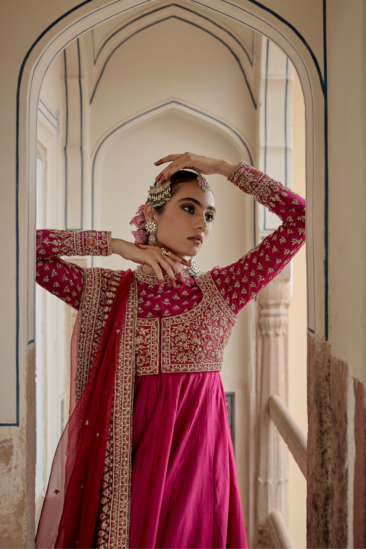 Noor - Dabka Zardozi Embroidered Chanderi Silk Rani Hotpink Anarkali  Set