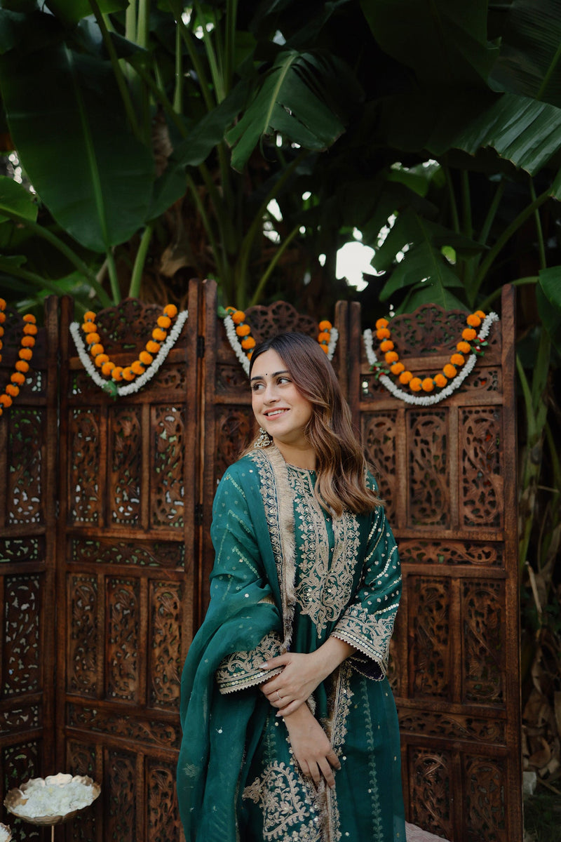 Kashish Dadhwal In SABIRAH - EMERALD GREEN LONG KURTA WITH PALAZZO AND DUPATTA