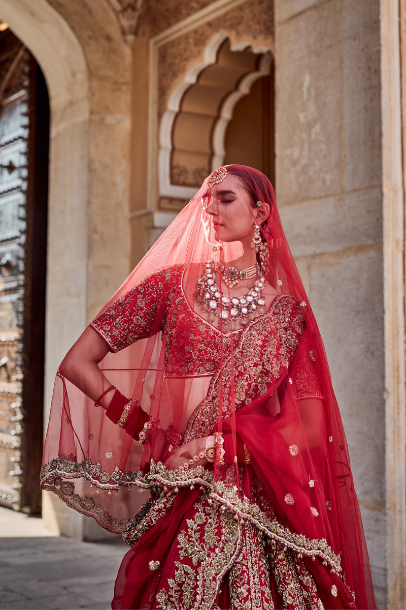 Mahanoor - Dabka Zardozi Embroidered Pure Silk Red Bridal Lehenga Set