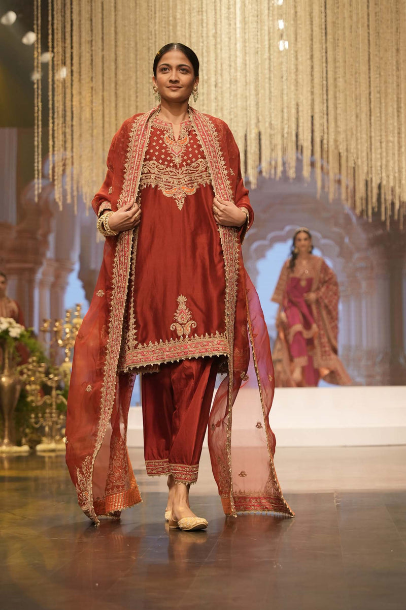 Shahzain - Deep Red Knee Length Kalidaar Chauga with Salwar (Lxrts)